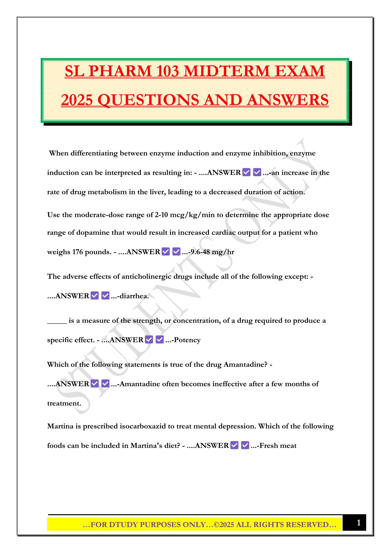 SL PHARM 103 MIDTERM EXAM 2025 QUESTIONS AND ANSWERS