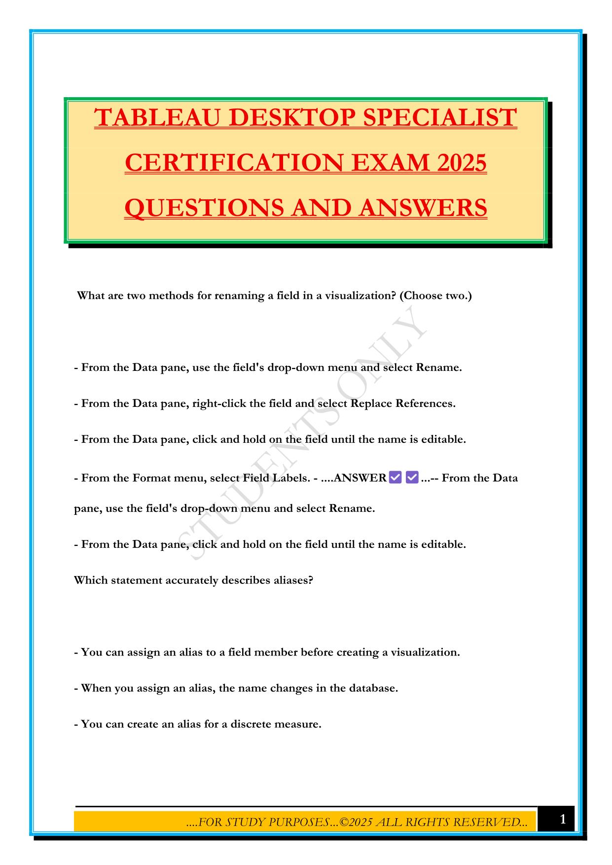 TABLEAU DESKTOP SPECIALIST CERTIFICATION EXAM 2025 QUESTIONS AND ANSWERS