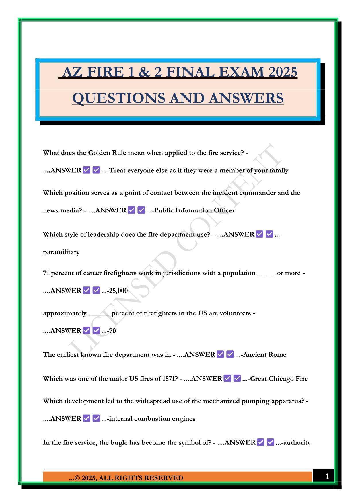 AZ FIRE 1 & 2 FINAL EXAM 2025 QUESTIONS AND ANSWERS