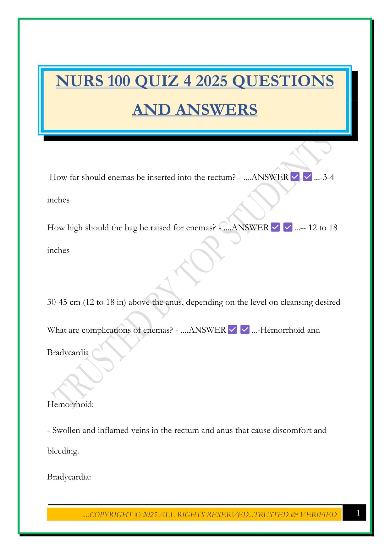 NURS 100 QUIZ 4 2025 QUESTIONS AND ANSWERS