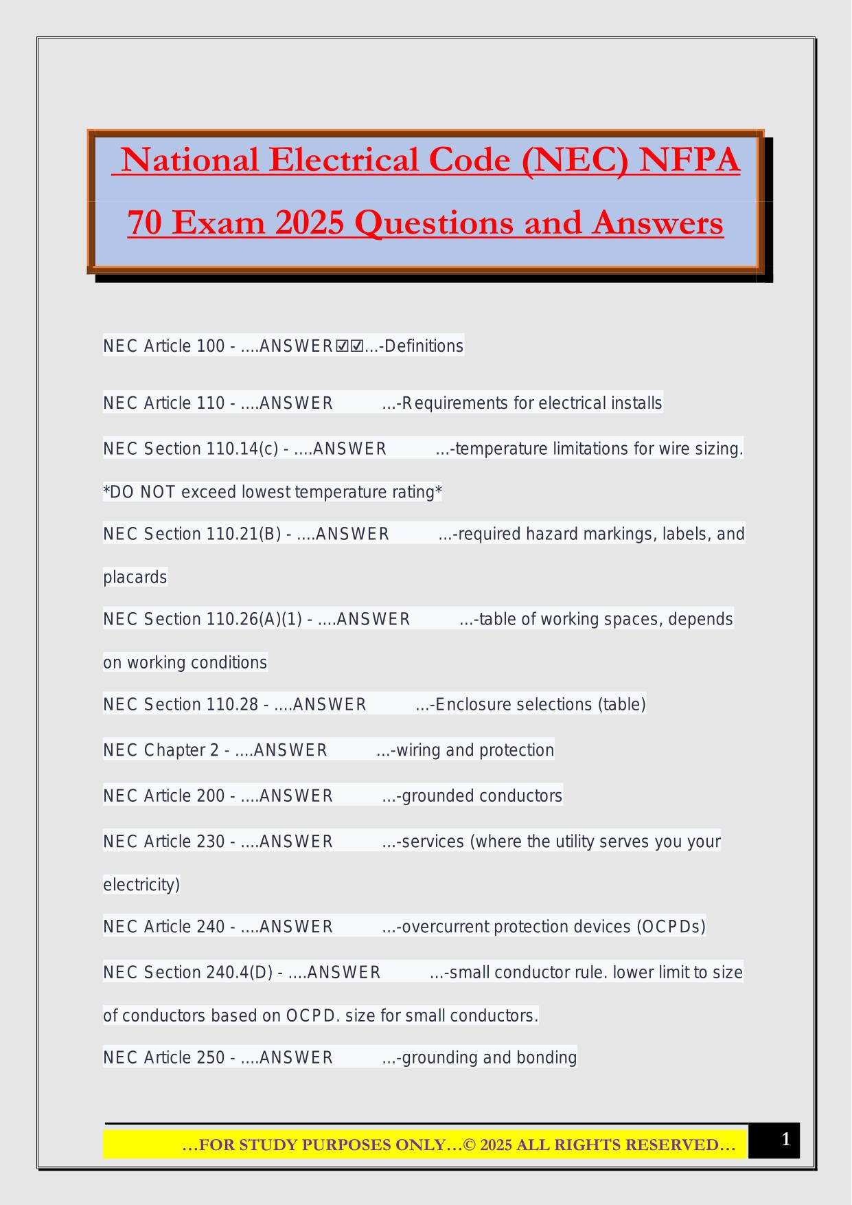 National Electrical Code (NEC) NFPA 70 Exam 2025 Questions and Answers