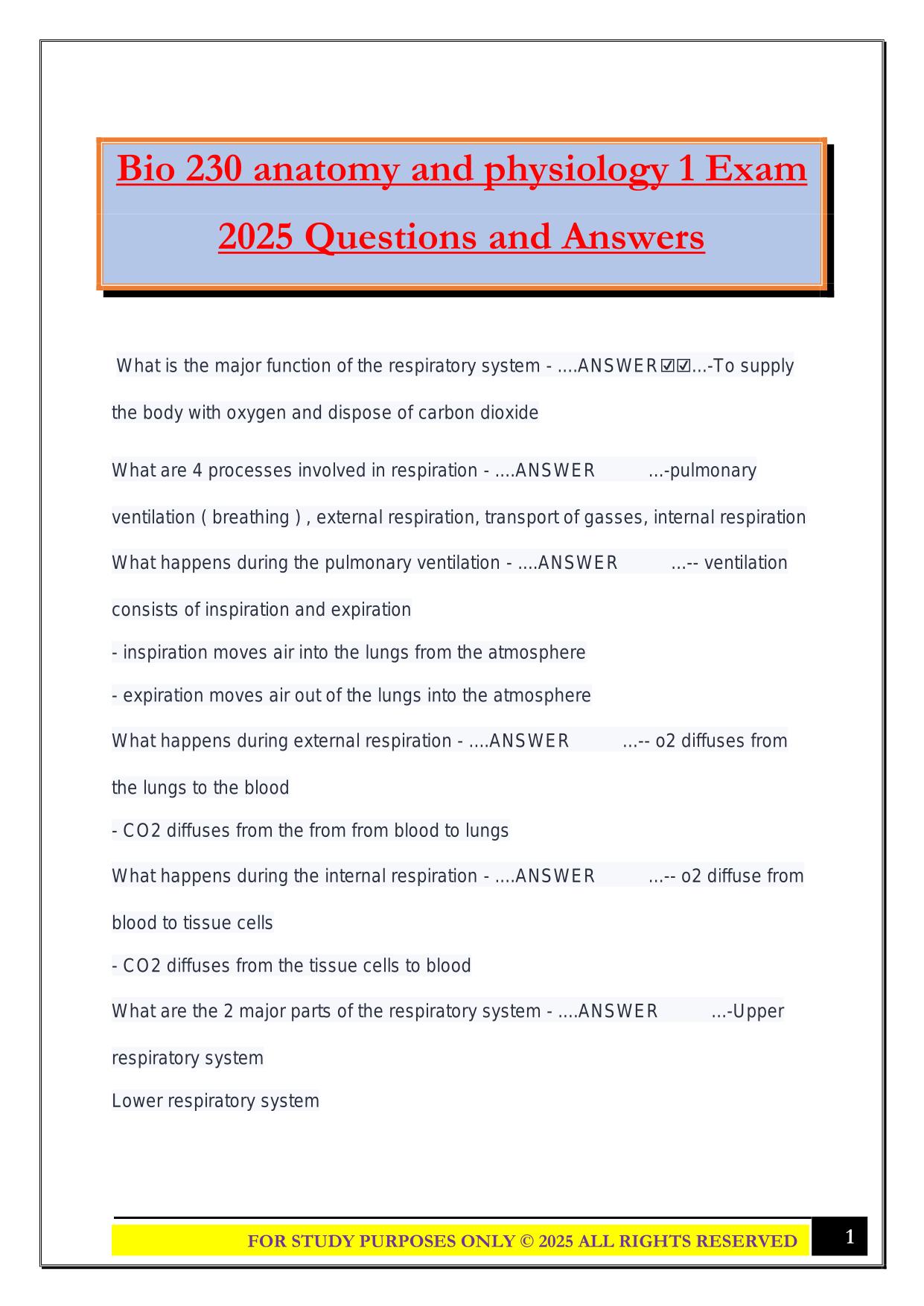 Bio 230 anatomy and physiology 1 Exam 2025 Questions and Answers