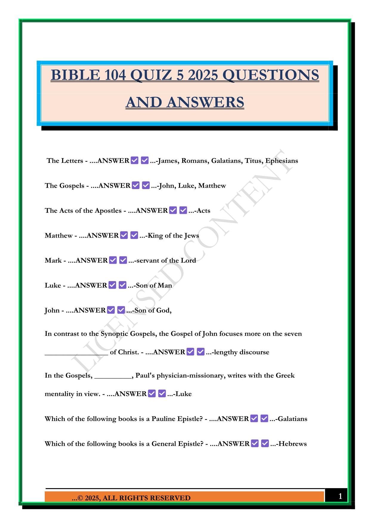 BIBLE 104 QUIZ 5 2025 QUESTIONS AND ANSWERS