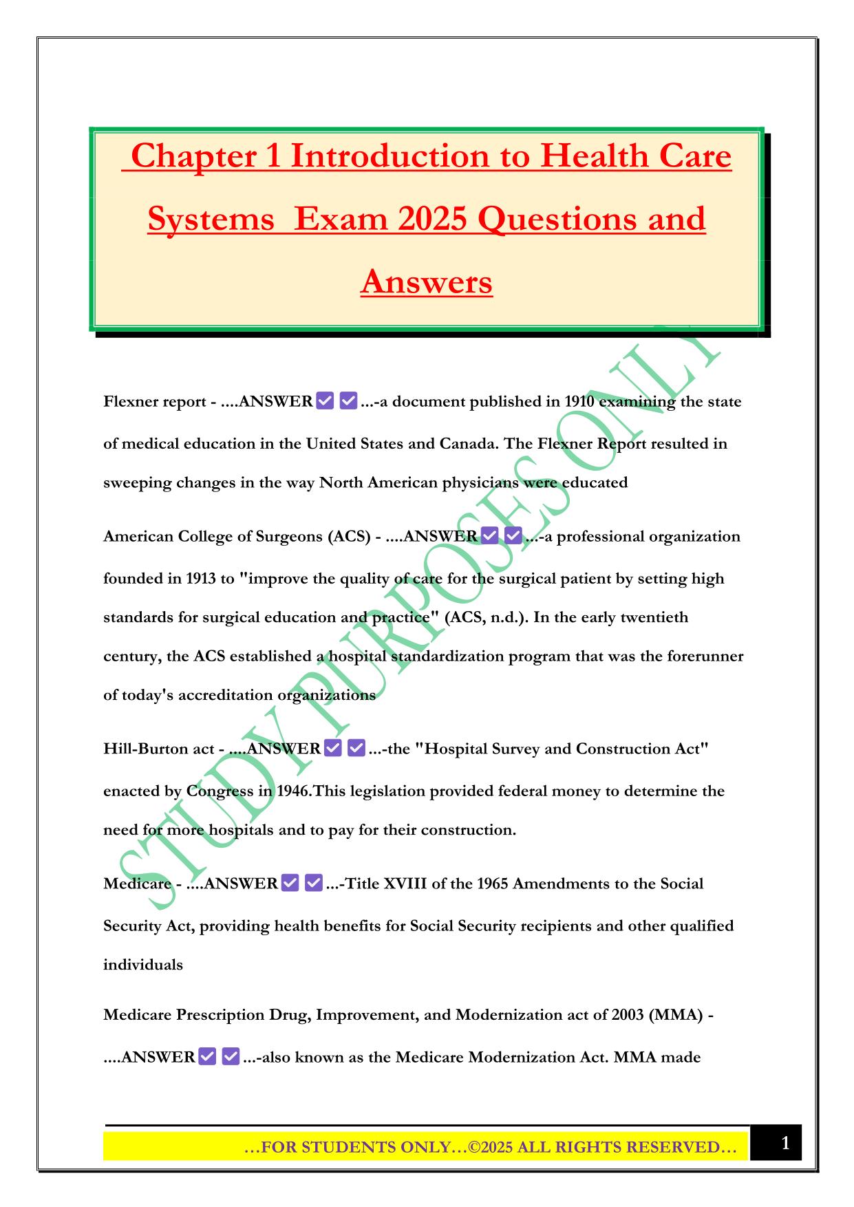 Chapter 1 Introduction to Health Care Systems Exam 2025 Questions and Answers