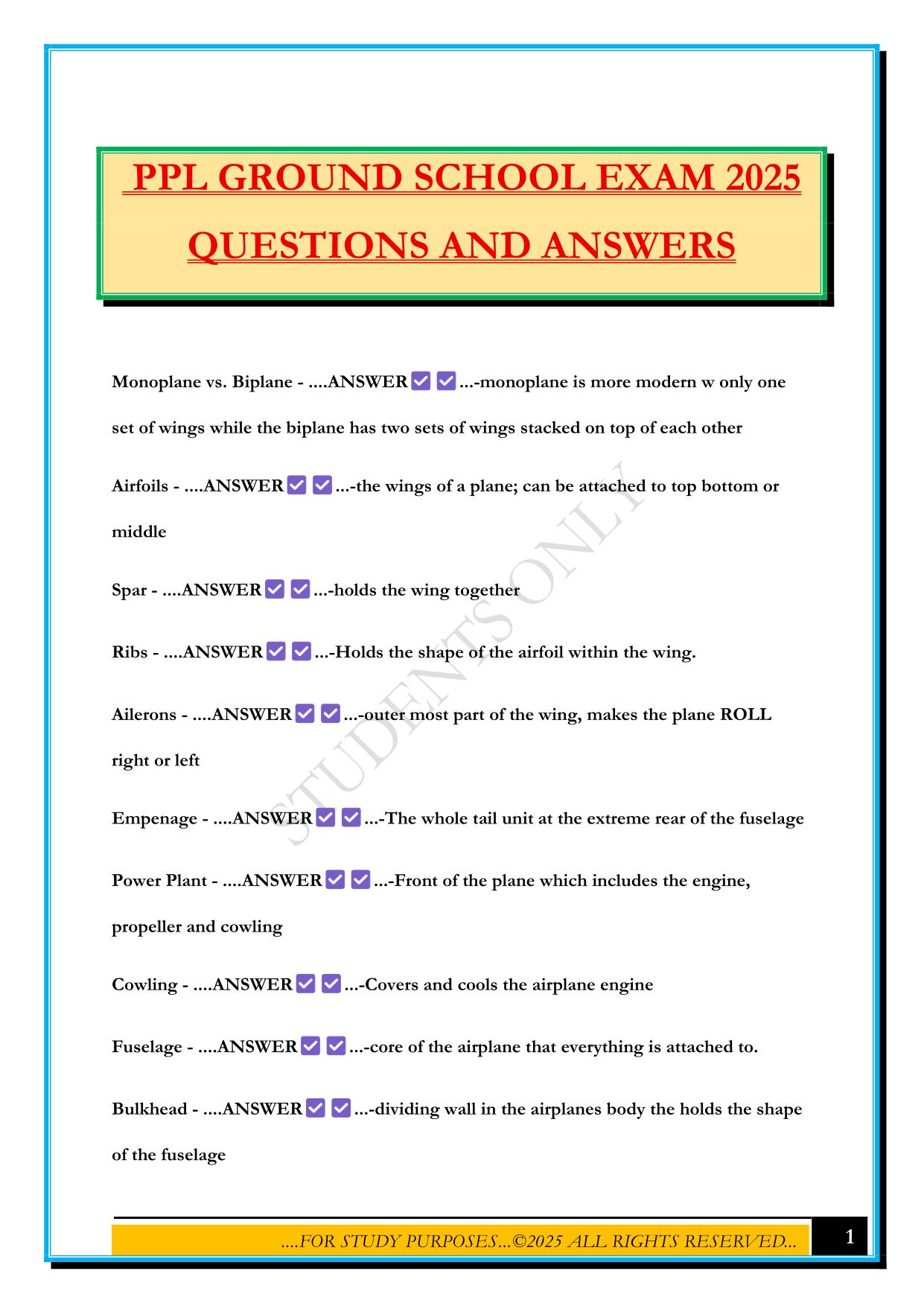 PPL GROUND SCHOOL EXAM 2025 QUESTIONS AND ANSWERS