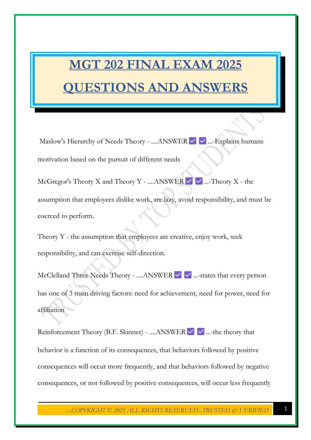 MGT 202 FINAL EXAM 2025 QUESTIONS AND ANSWERS