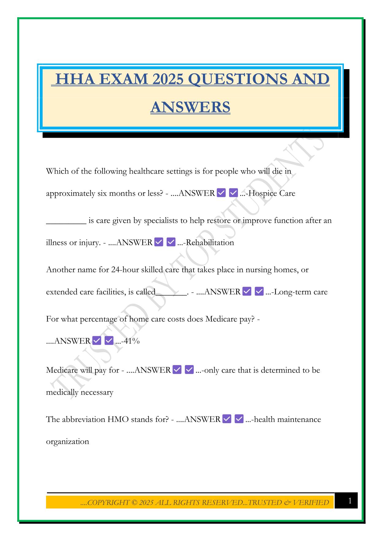 HHA EXAM 2025 QUESTIONS AND ANSWERS