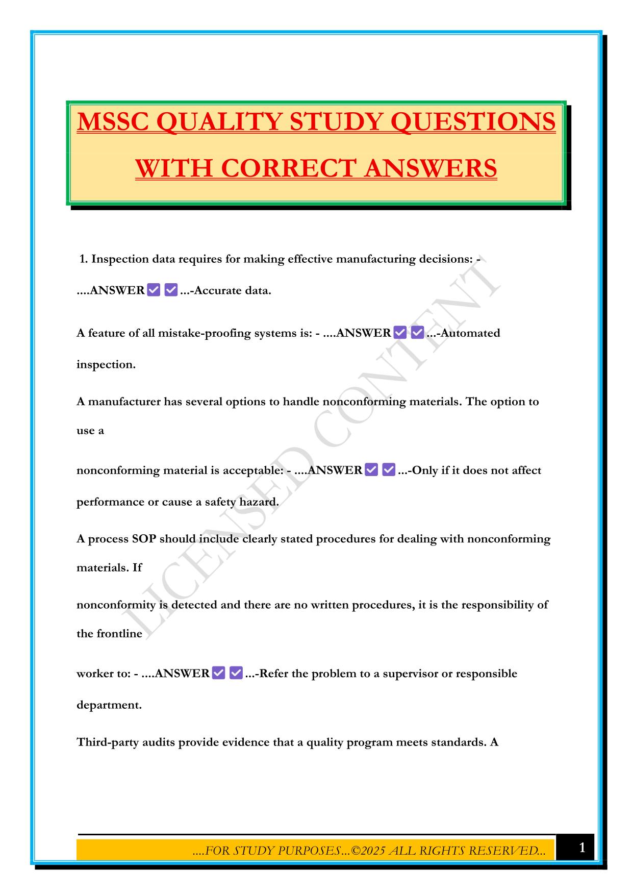 MSSC QUALITY STUDY QUESTIONS WITH CORRECT ANSWERS
