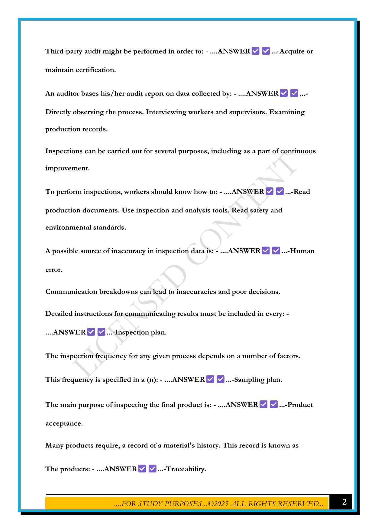 MSSC QUALITY STUDY QUESTIONS WITH CORRECT ANSWERS