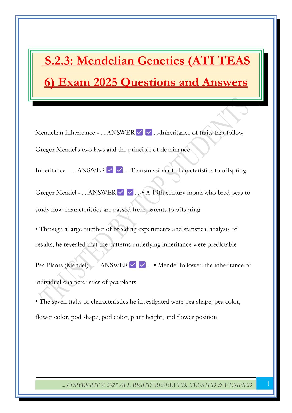S.2.3: Mendelian Genetics (ATI TEAS 6) Exam 2025 Questions and Answers