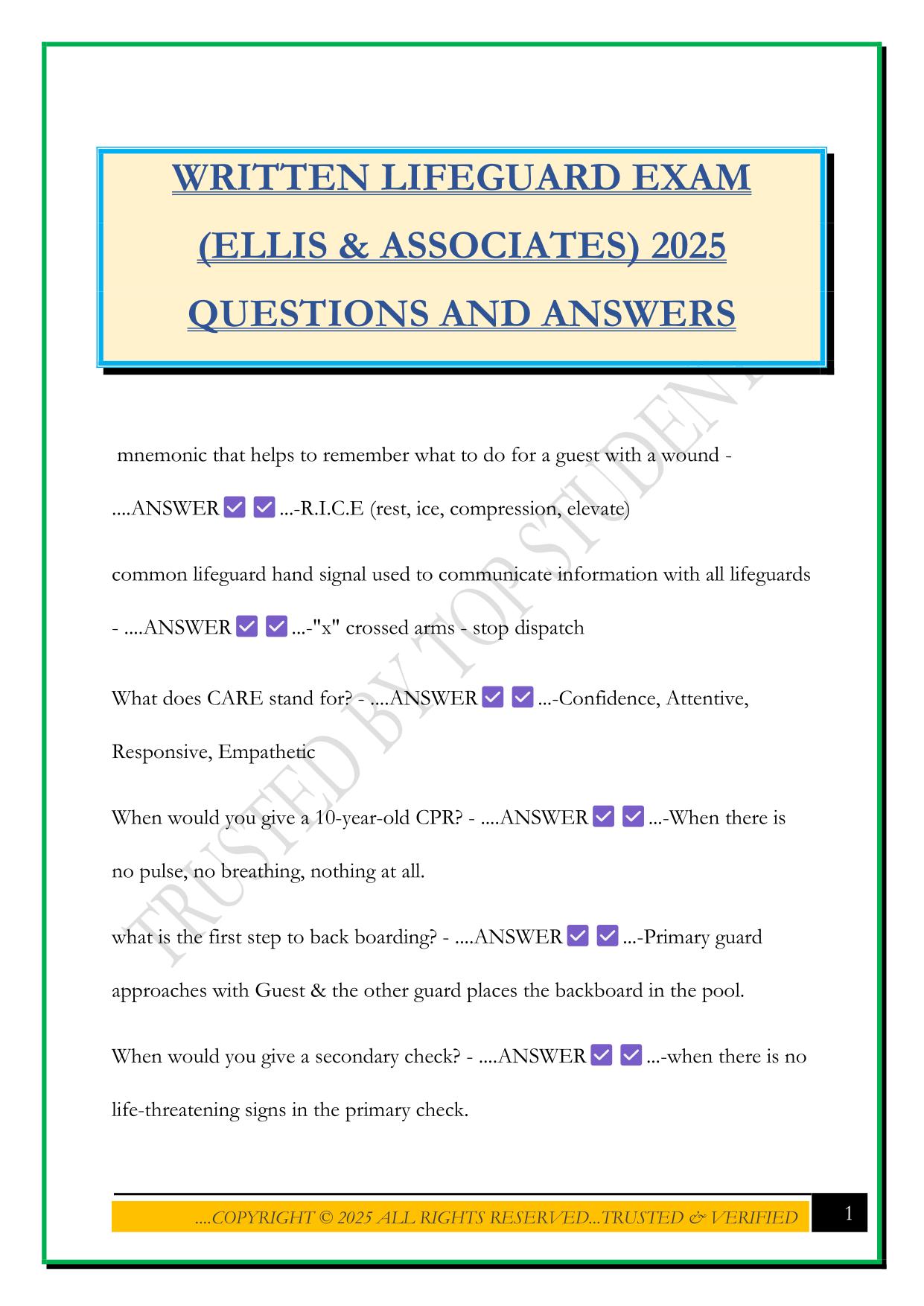 WRITTEN LIFEGUARD EXAM (ELLIS & ASSOCIATES) 2025 QUESTIONS AND ANSWERS