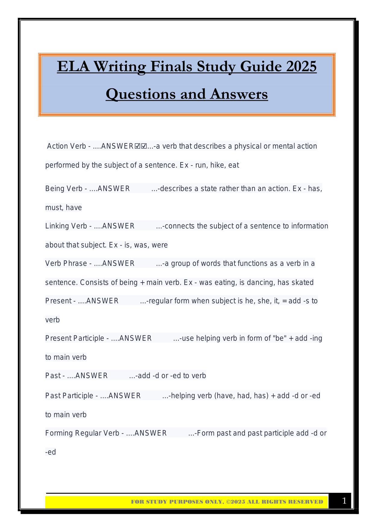 ELA Writing Finals Study Guide 2025 Questions and Answers
