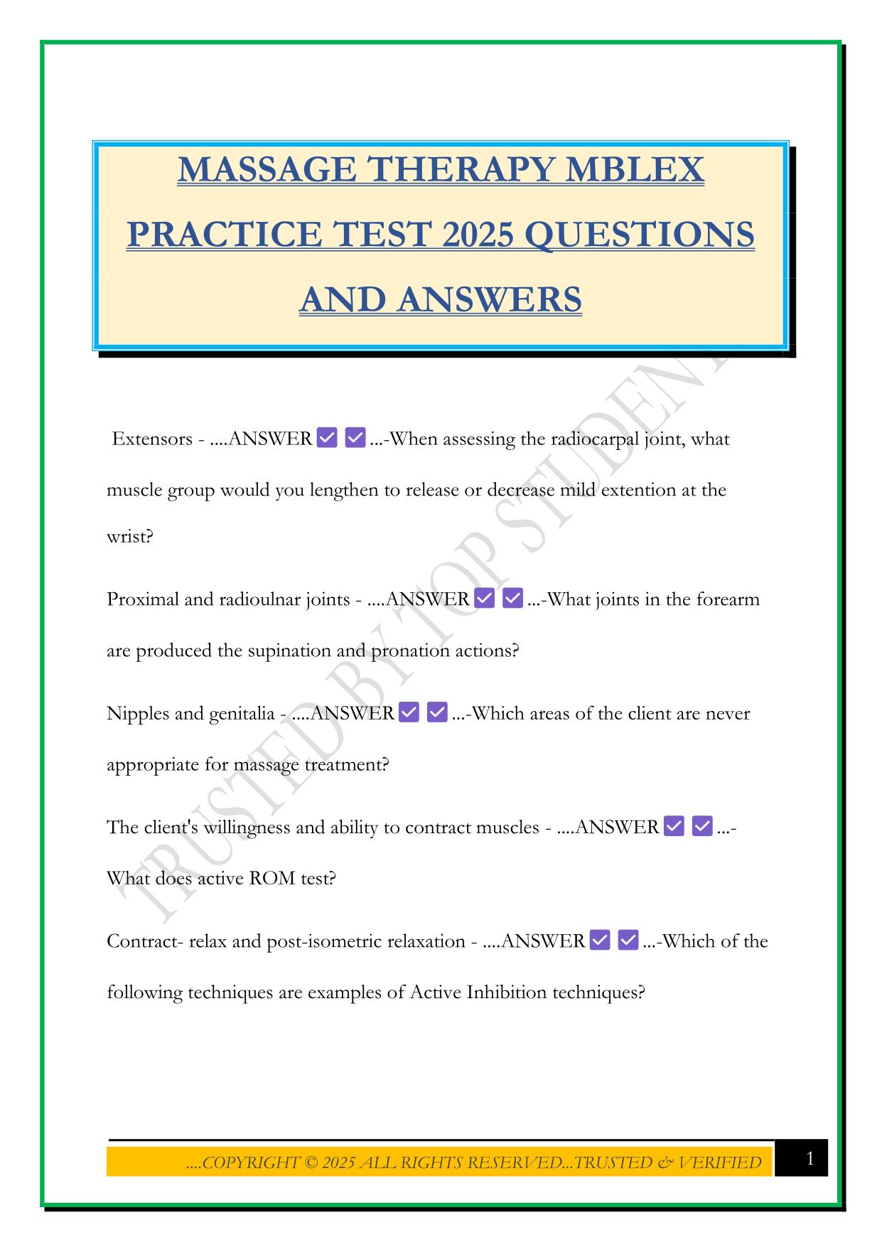 MASSAGE THERAPY MBLEX PRACTICE TEST 2025 QUESTIONS AND ANSWERS