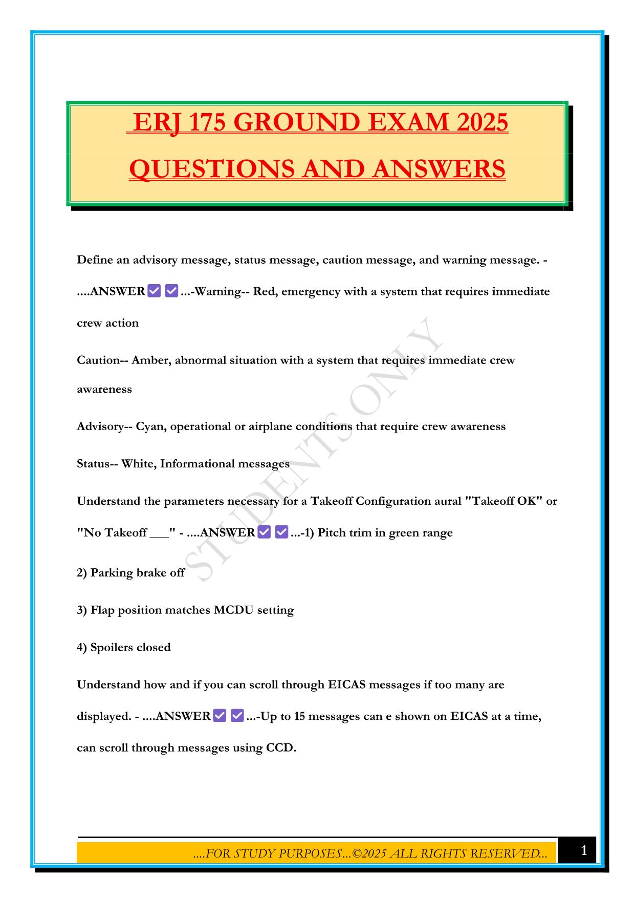 ERJ 175 GROUND EXAM 2025 QUESTIONS AND ANSWERS