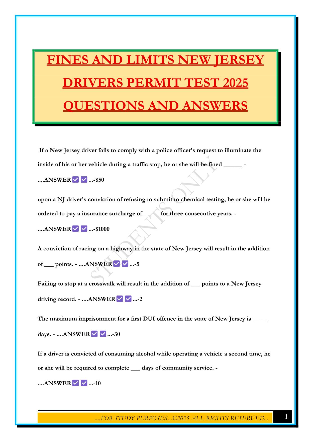 NEW JERSEY DMV PERMIT Bundled Exams 2025/2026 |Questions and Answers |100% Pass