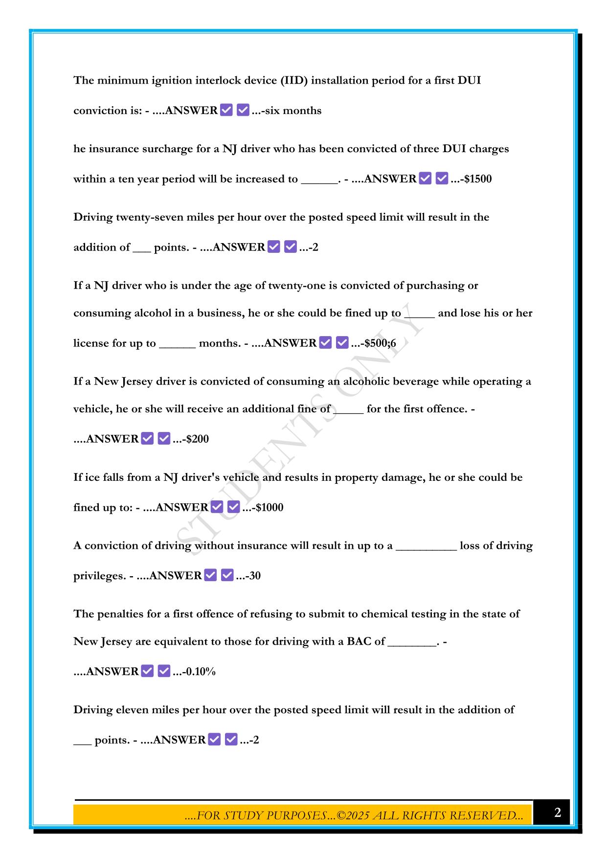 FINES AND LIMITS NEW JERSEY DRIVERS PERMIT TEST 2025 QUESTIONS AND ANSWERS