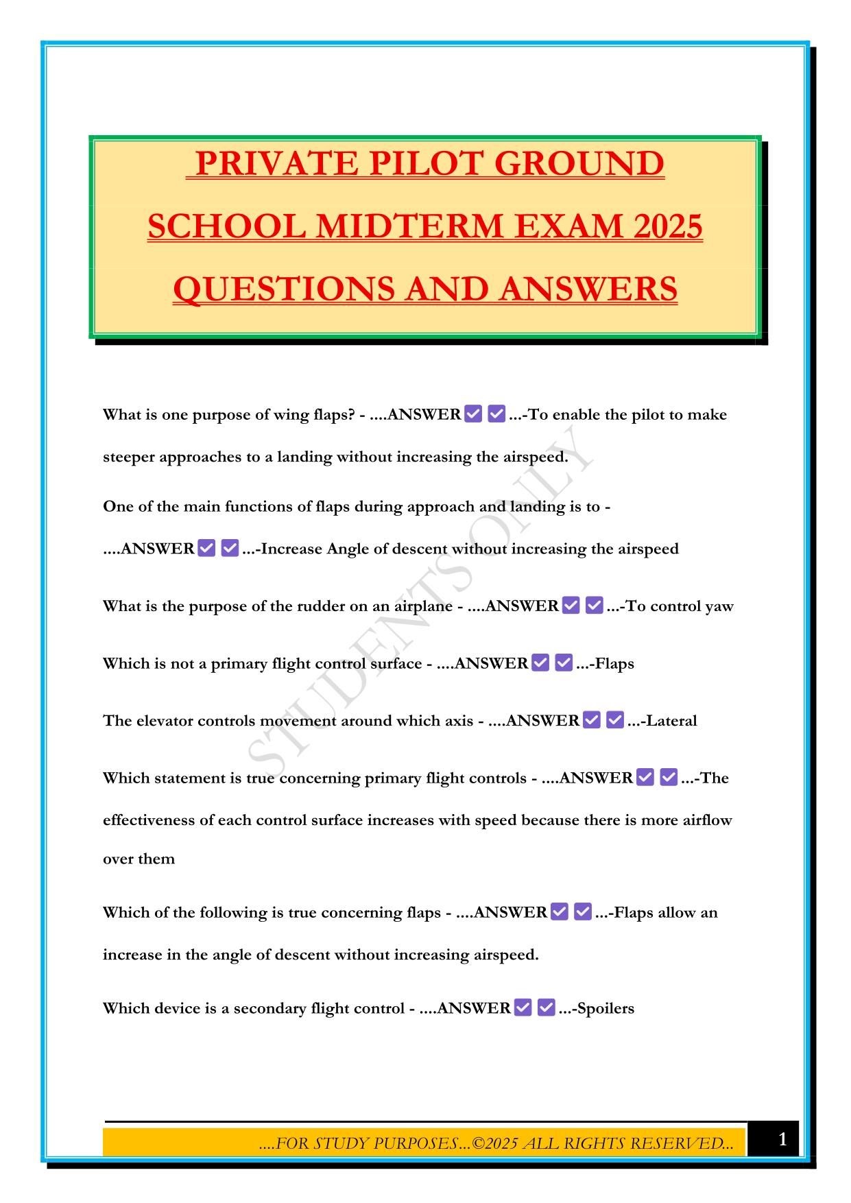 PRIVATE PILOT GROUND SCHOOL MIDTERM EXAM 2025 QUESTIONS AND ANSWERS