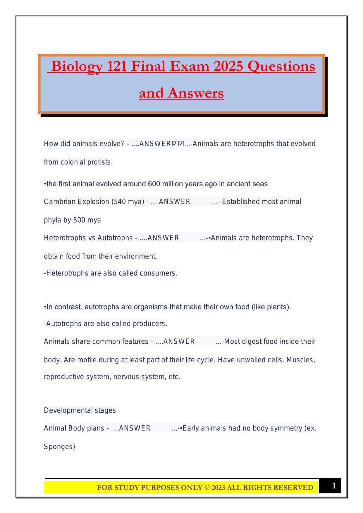 Biology 121 Final Exam 2025 Questions and Answers