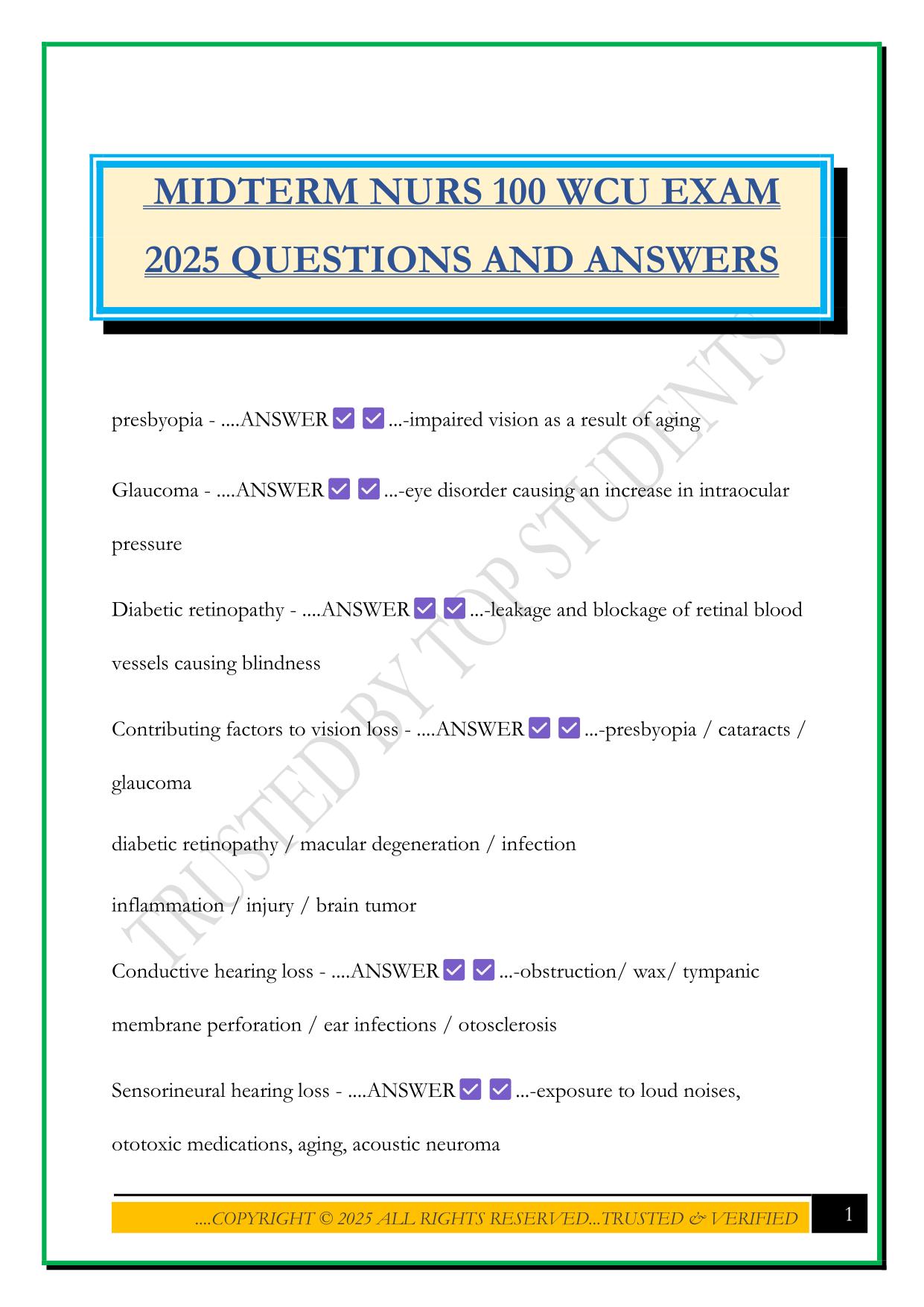 MIDTERM NURS 100 WCU EXAM 2025 QUESTIONS AND ANSWERS