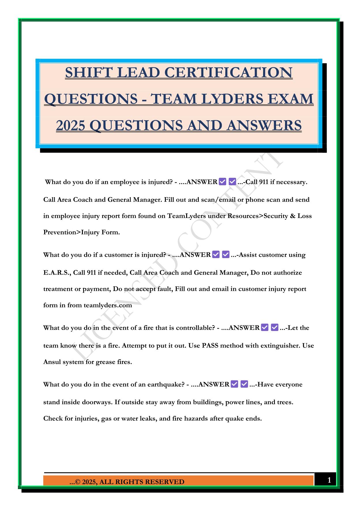 SHIFT LEAD CERTIFICATION QUESTIONS - TEAM LYDERS EXAM 2025 QUESTIONS AND ANSWERS