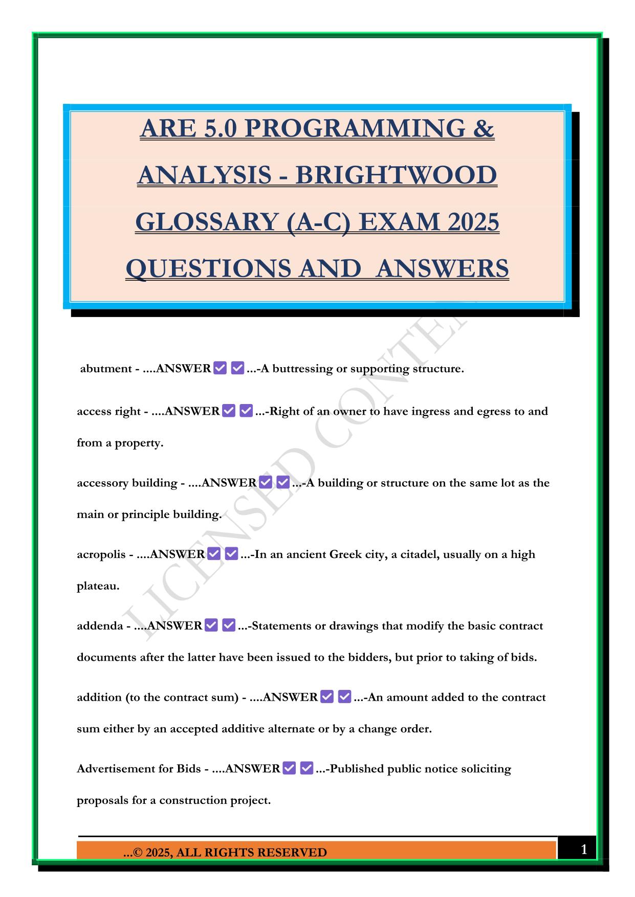 ARE 5.0 PROGRAMMING & ANALYSIS - BRIGHTWOOD GLOSSARY (A-C) EXAM 2025 QUESTIONS AND ANSWERS