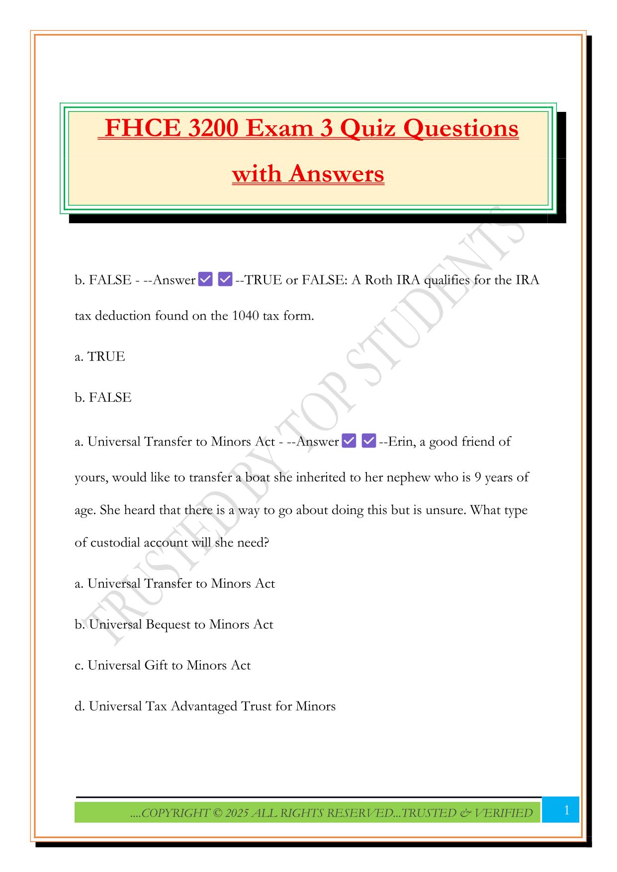 FHCE 3200 Exam 3 Quiz Questions with Answers