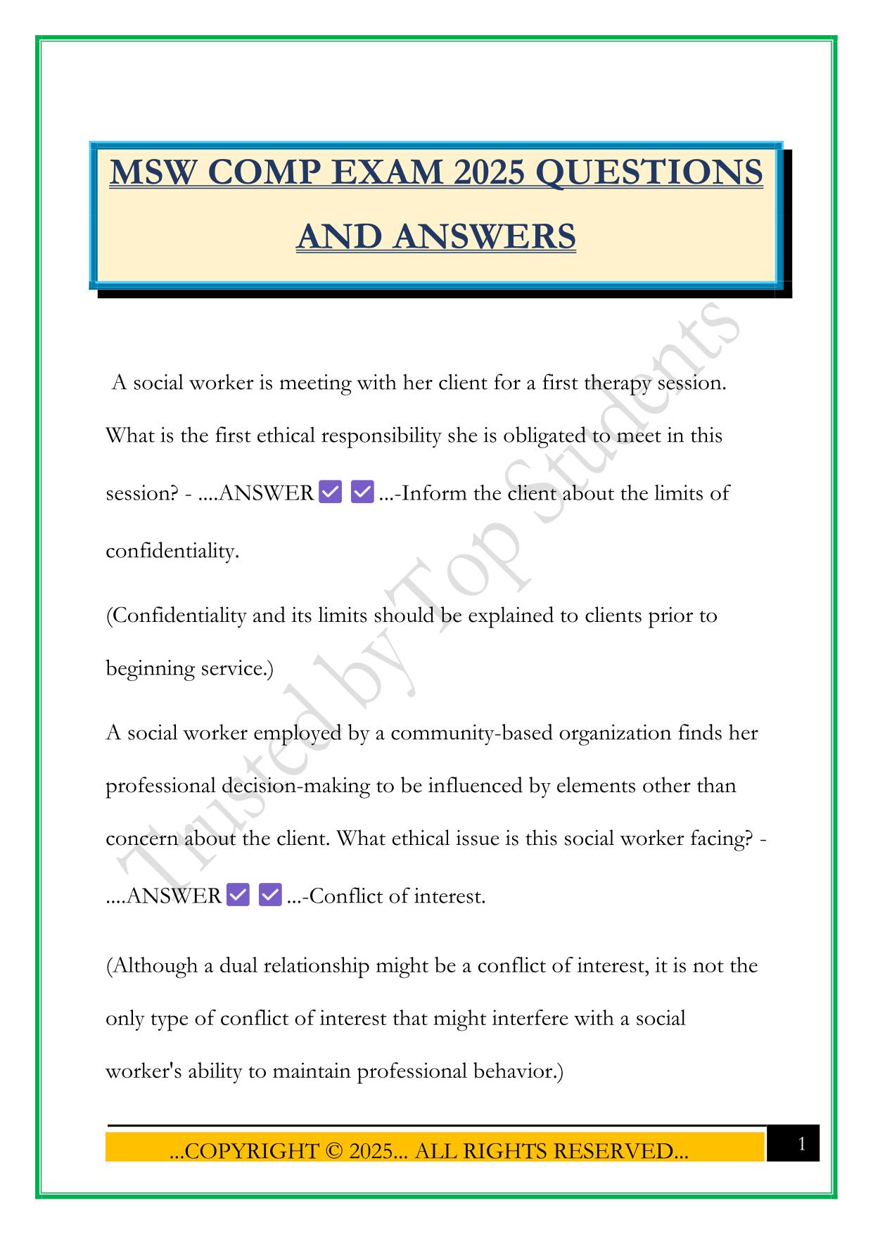MSW COMP EXAM 2025 QUESTIONS AND ANSWERS
