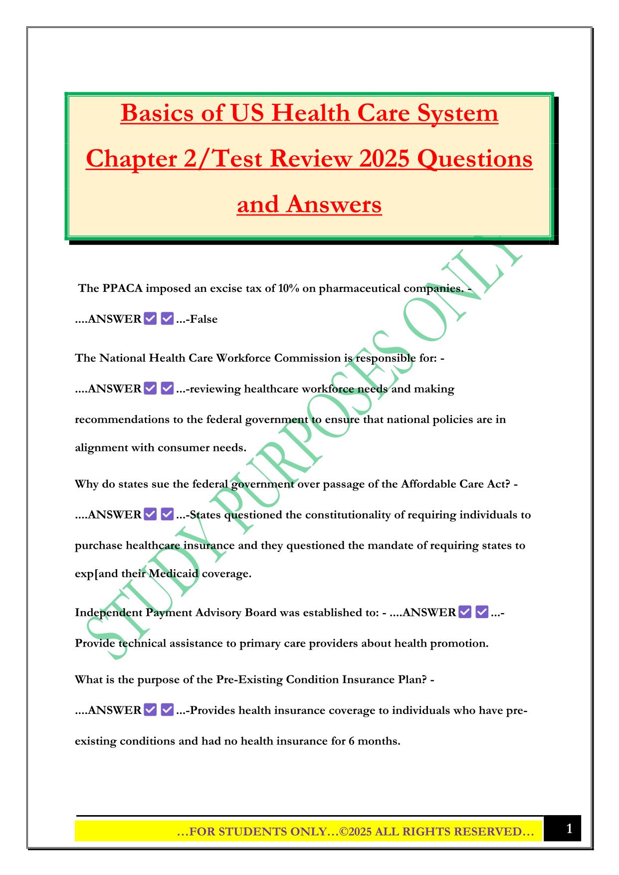 Basics of US Health Care System Chapter 2/Test Review 2025 Questions and Answers