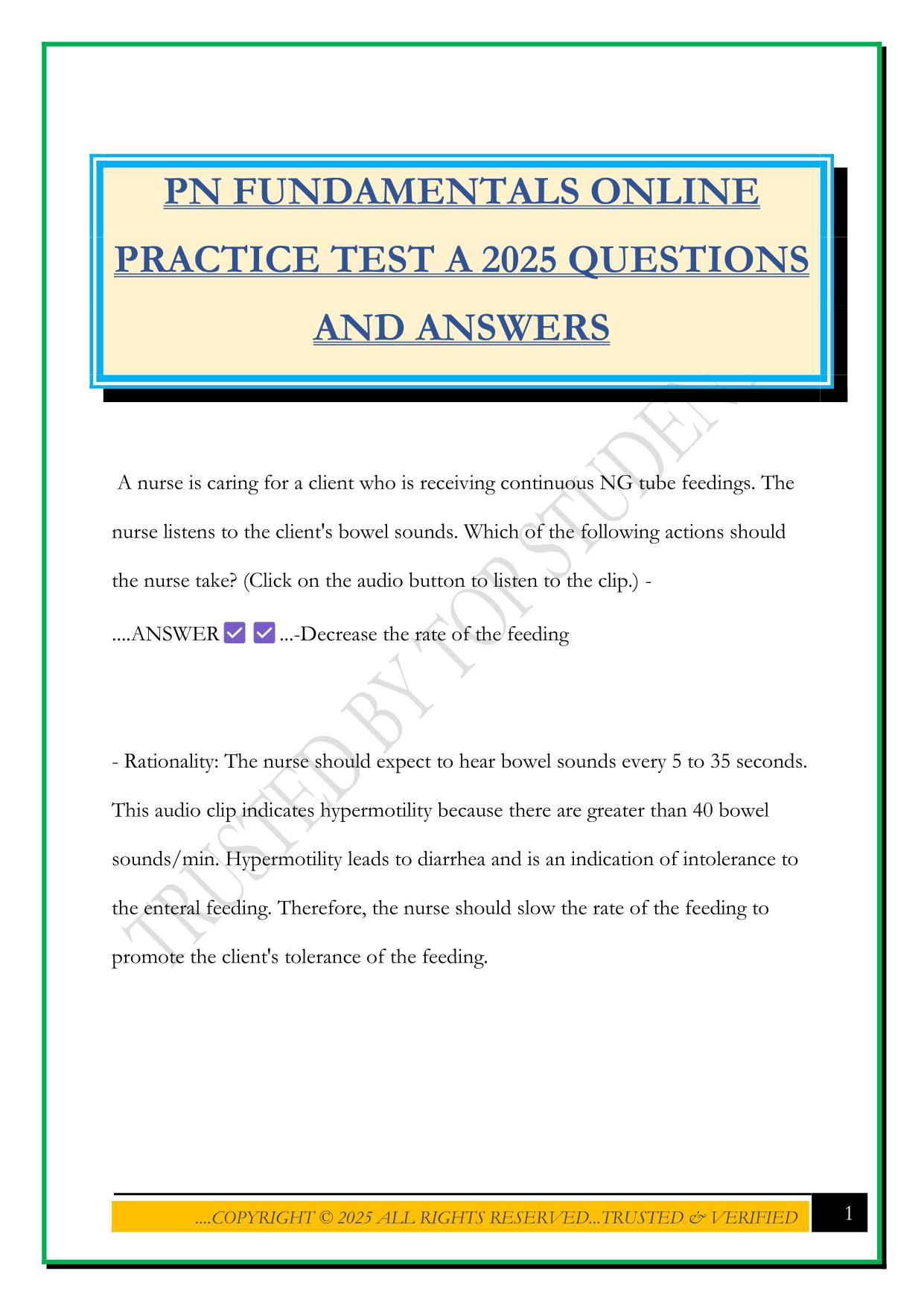 PN FUNDAMENTALS ONLINE PRACTICE TEST A 2025 QUESTIONS AND ANSWERS