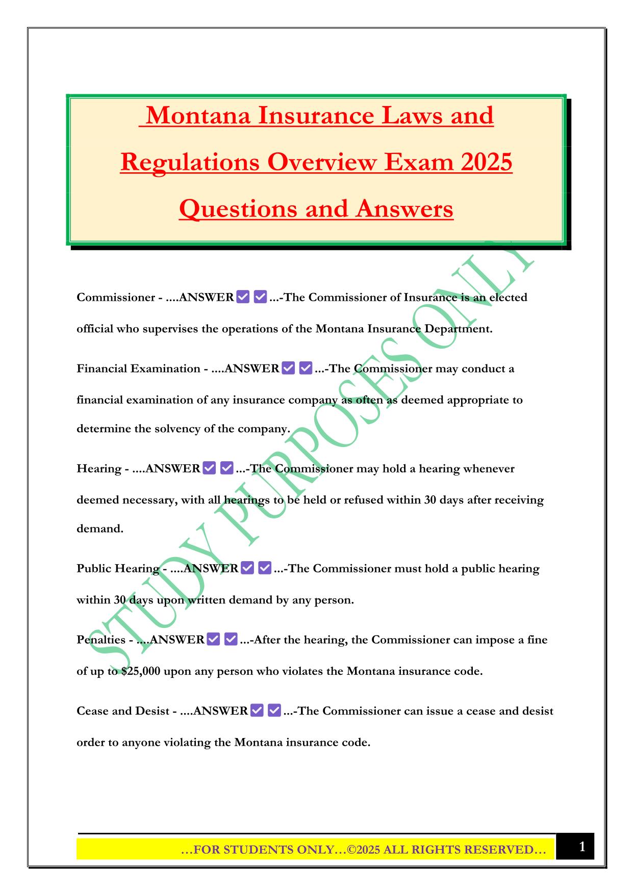 Montana Insurance Laws and Regulations Overview Exam 2025 Questions and Answers