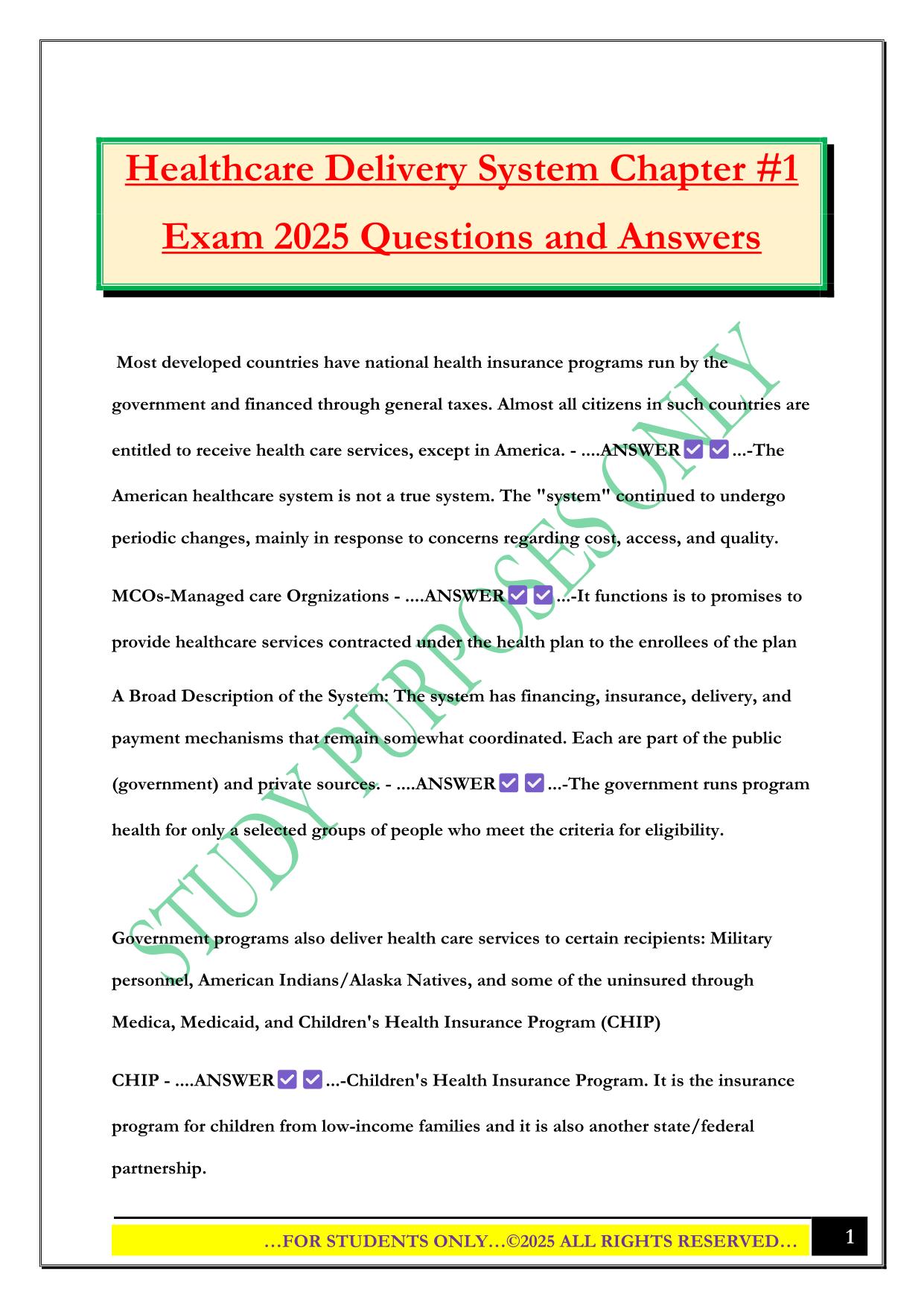 Healthcare Delivery System Chapter #1 Exam 2025 Questions and Answers