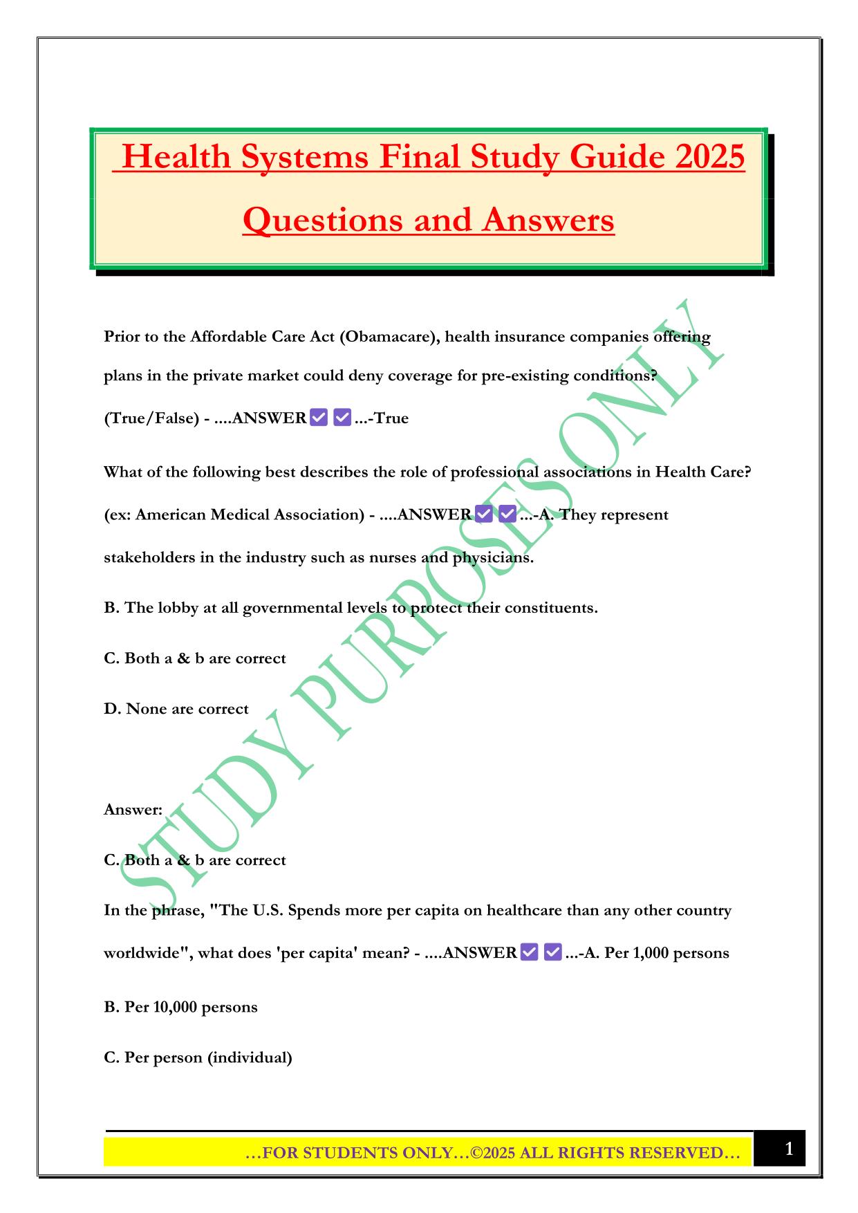 Health Systems Final Study Guide 2025 Questions and Answers