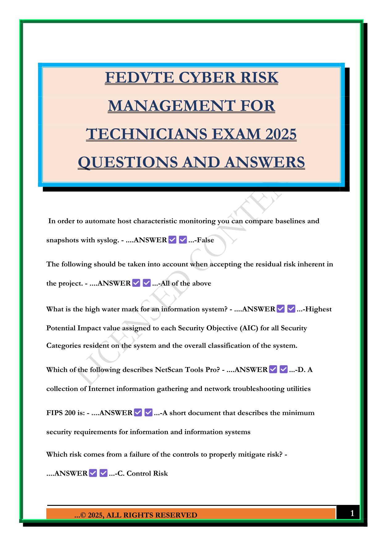 FEDVTE CYBER RISK MANAGEMENT FOR TECHNICIANS EXAM 2025 QUESTIONS AND ANSWERS