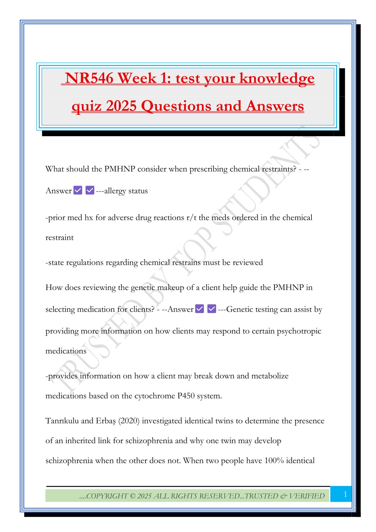 NR546 Week 1: test your knowledge quiz 2025 Questions and Answers