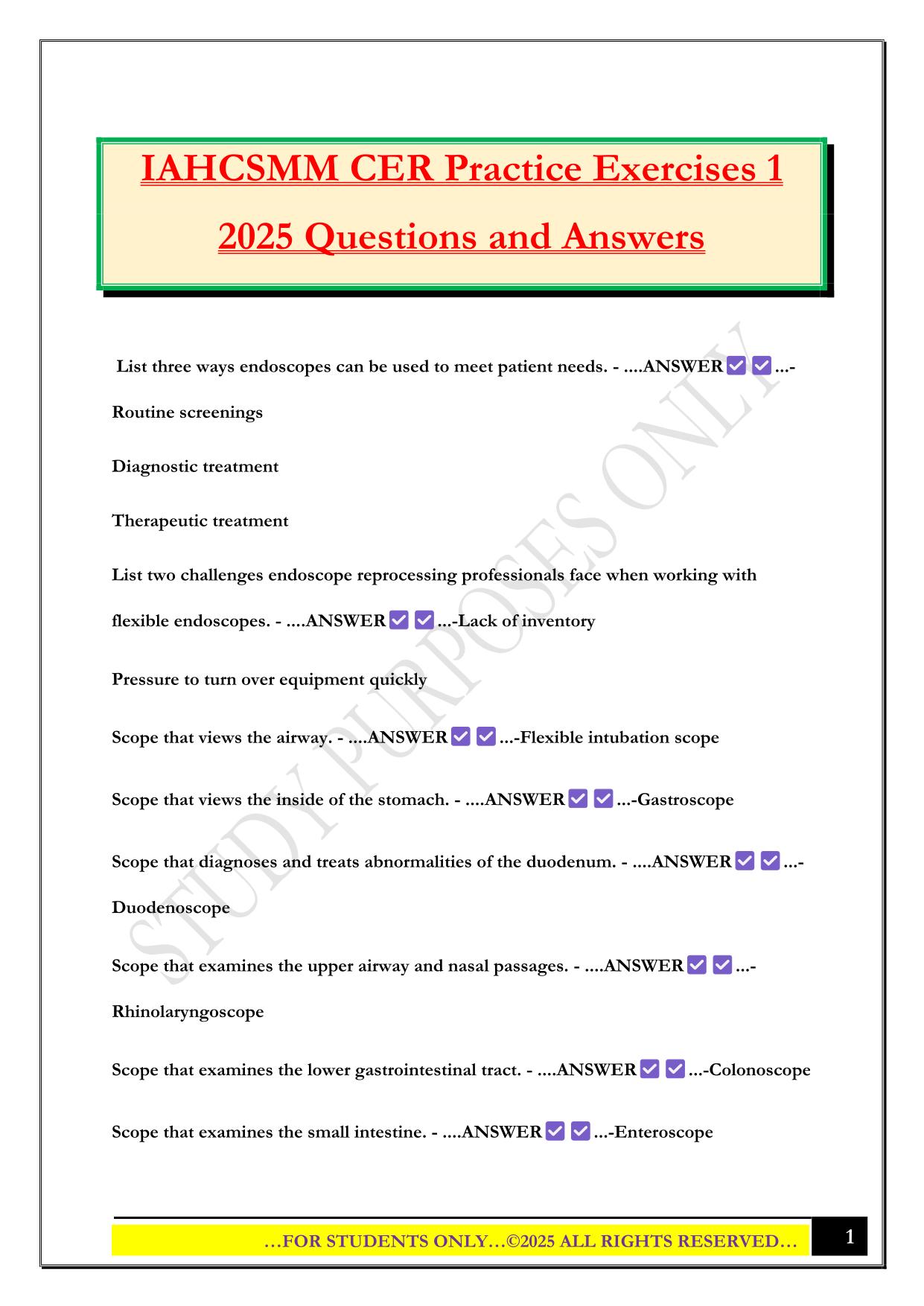 IAHCSMM CER Practice Exercises 1 2025 Questions and Answers