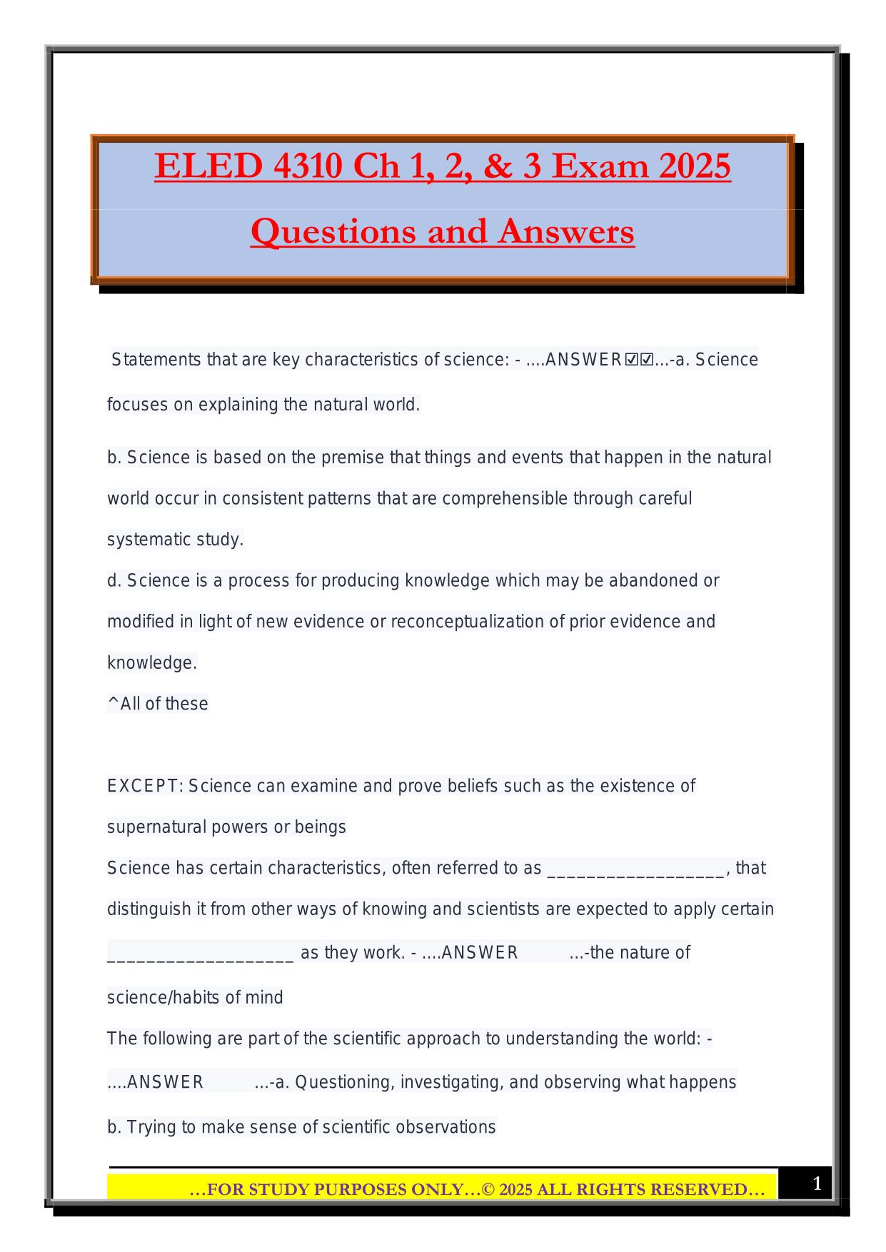 ELED 4310 Ch 1, 2, & 3 Exam 2025 Questions and Answers