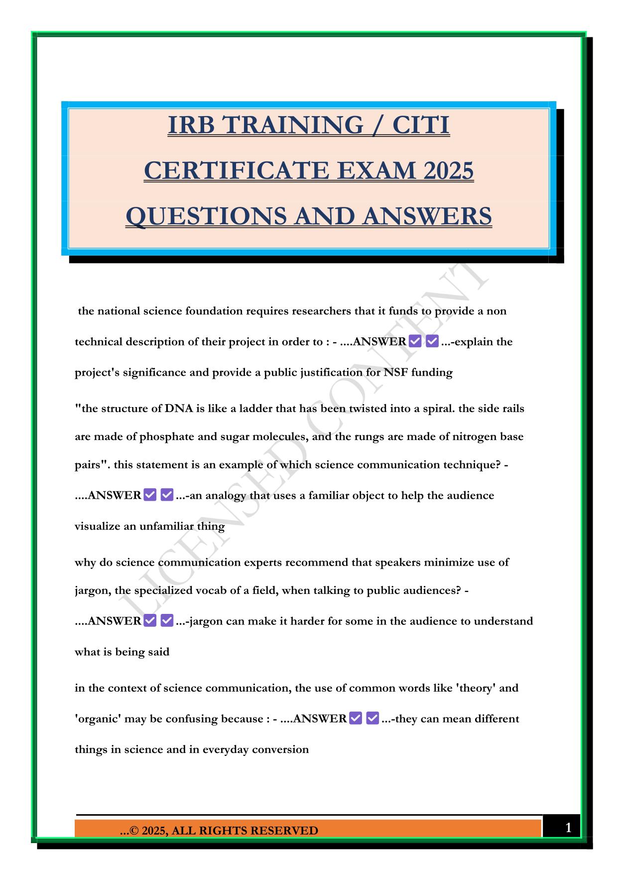 IRB TRAINING / CITI CERTIFICATE EXAM 2025 QUESTIONS AND ANSWERS