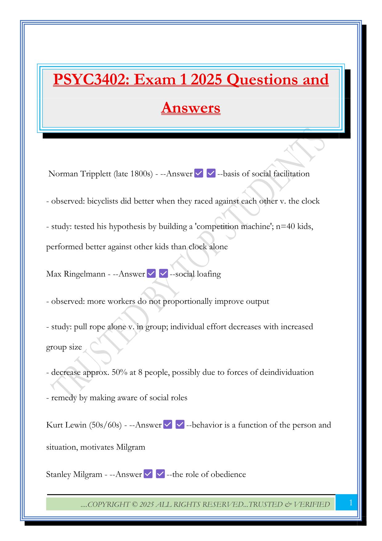 PSYC3402: Exam 1 2025 Questions and Answers