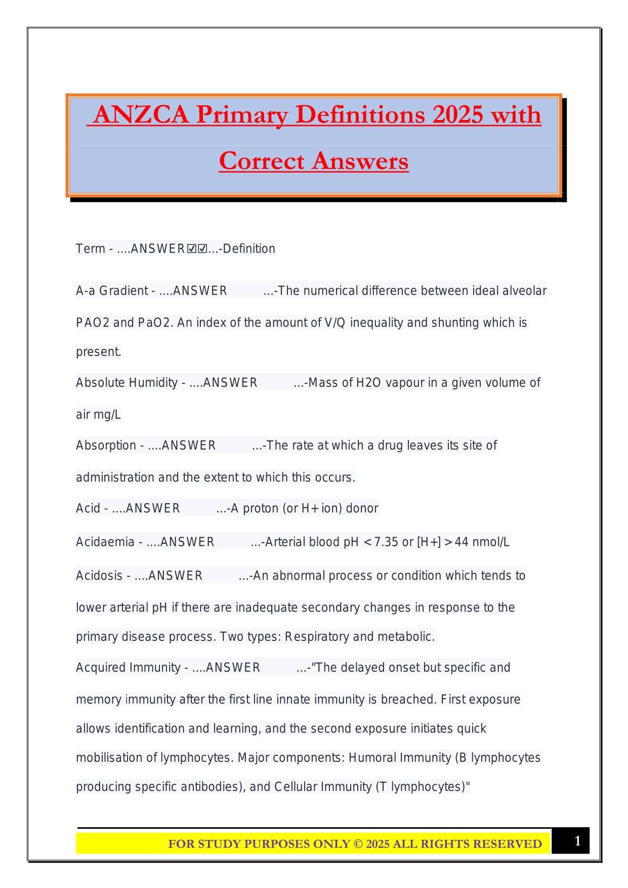 ANZCA Primary Definitions 2025 with Correct Answers