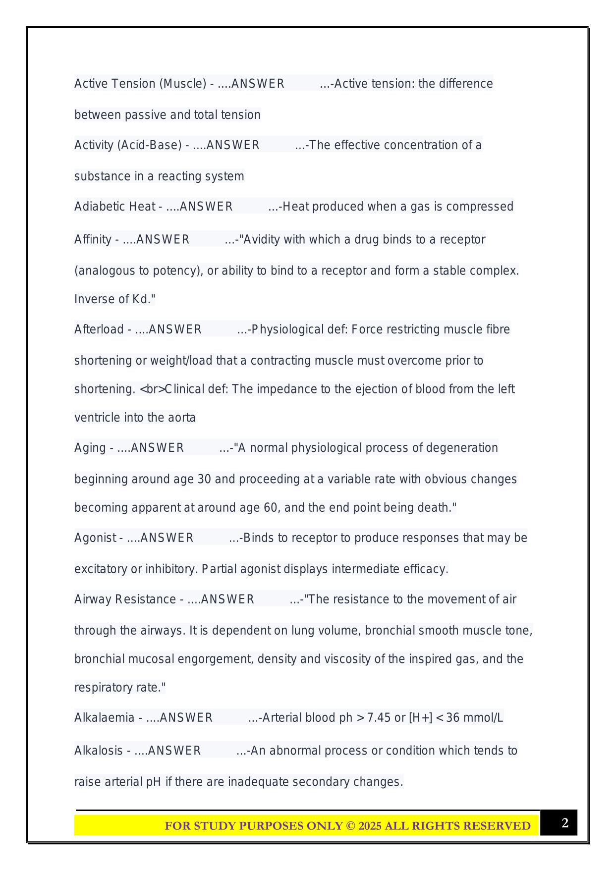 ANZCA Primary Definitions 2025 with Correct Answers