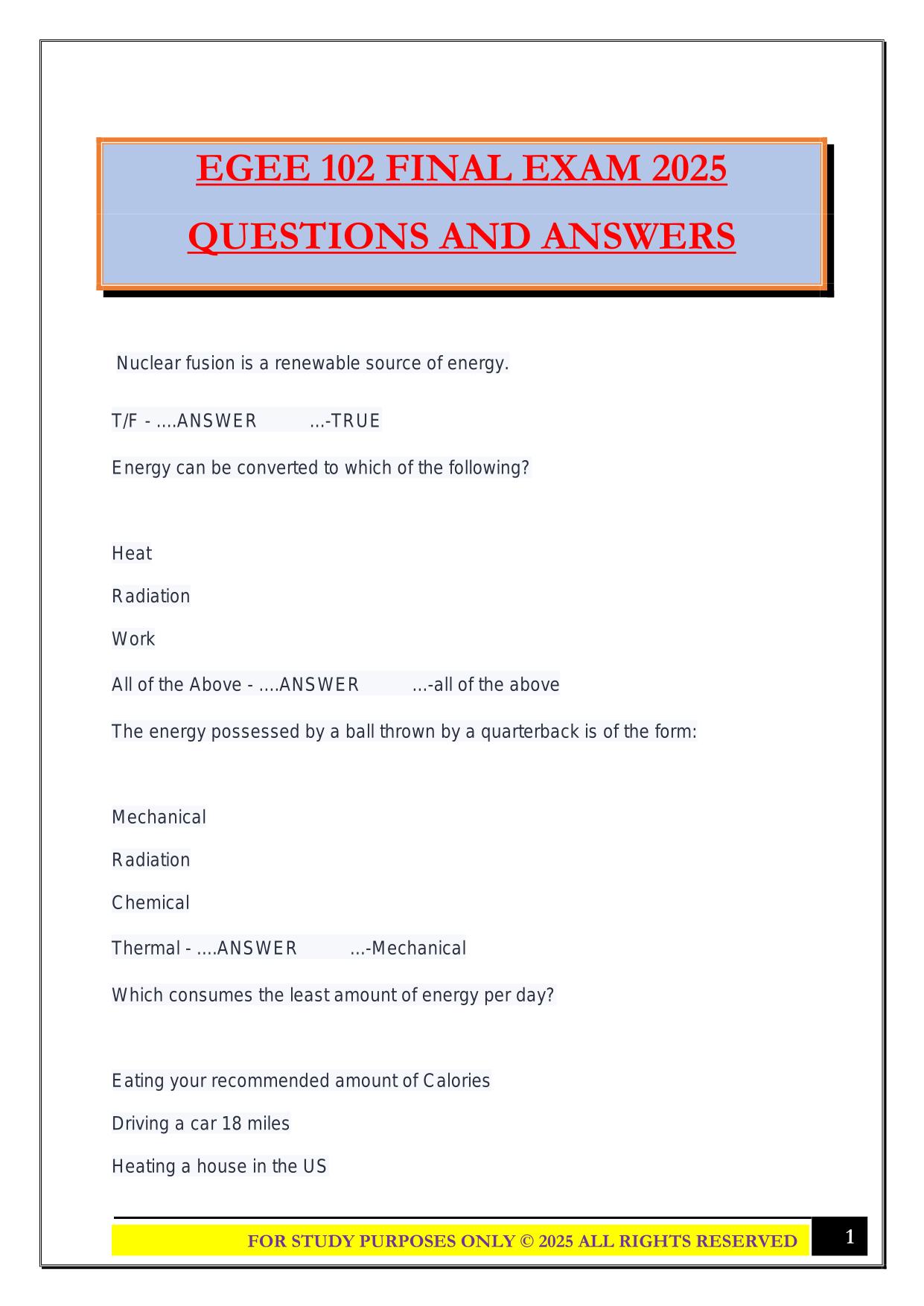 EGEE 102 FINAL EXAM 2025 QUESTIONS AND ANSWERS