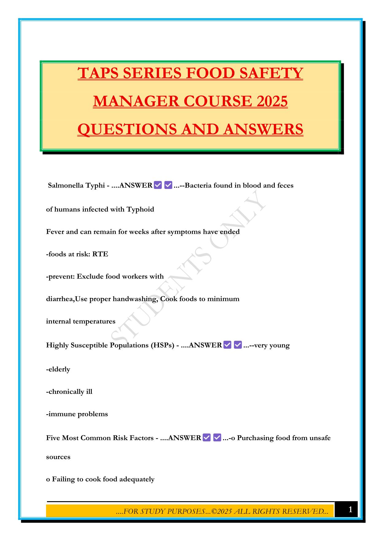 TAPS SERIES FOOD SAFETY MANAGER COURSE 2025 QUESTIONS AND ANSWERS