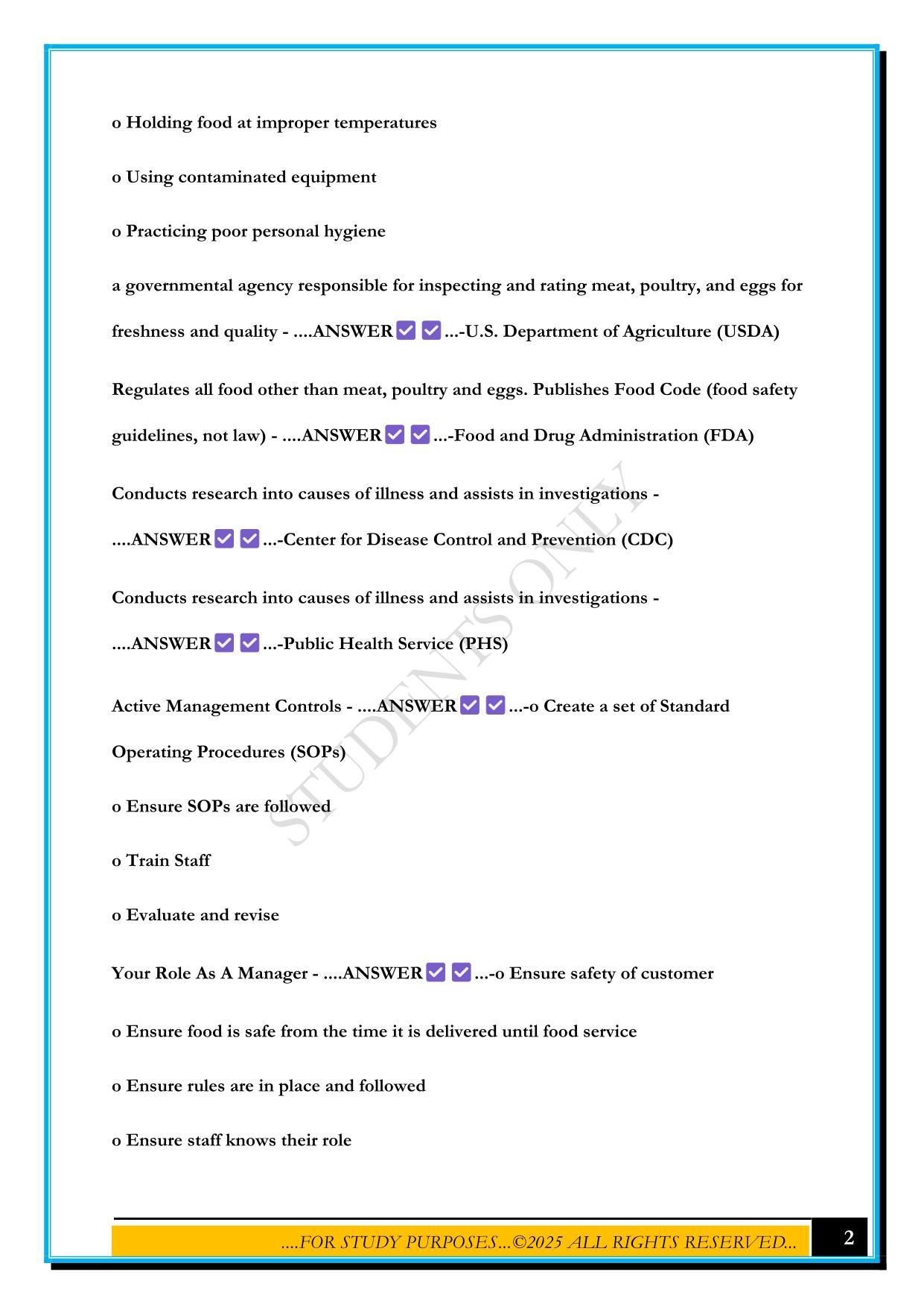 TAPS SERIES FOOD SAFETY MANAGER COURSE 2025 QUESTIONS AND ANSWERS