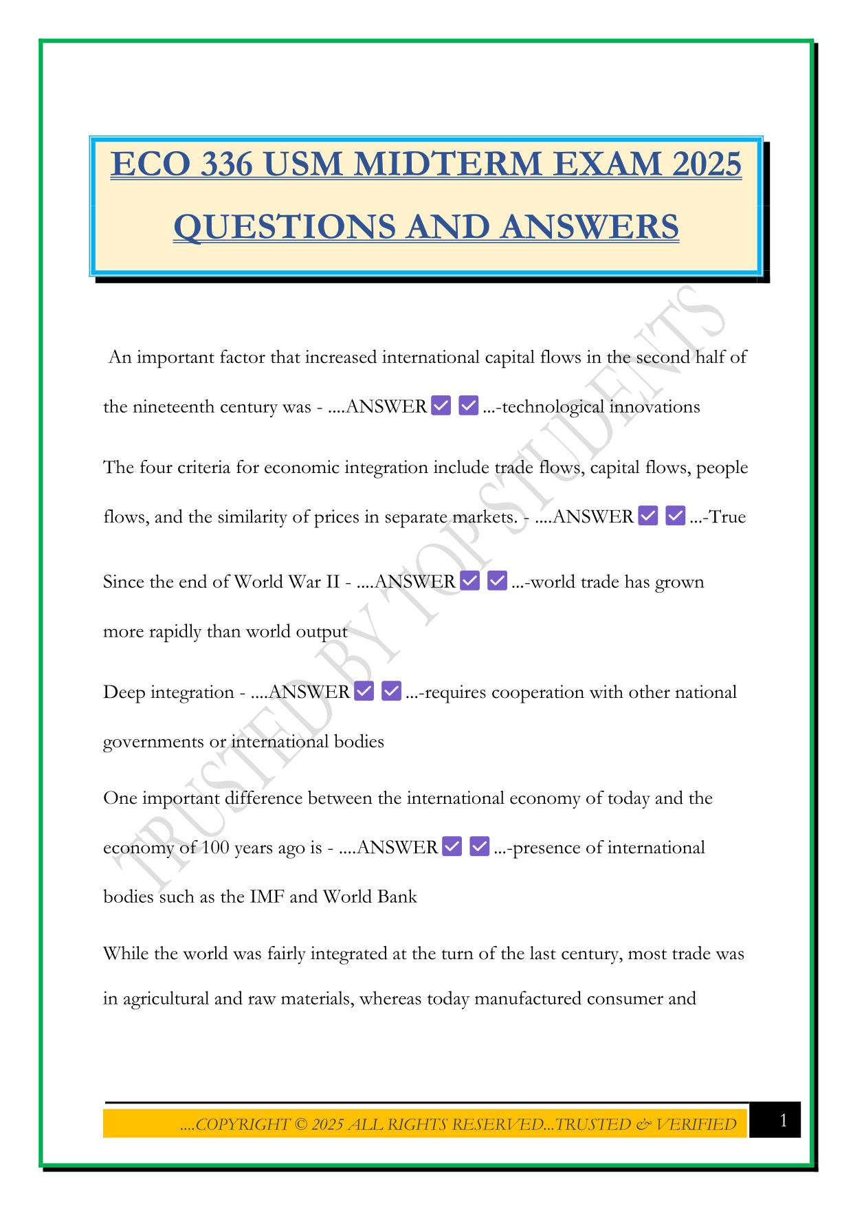ECO 336 USM MIDTERM EXAM 2025 QUESTIONS AND ANSWERS