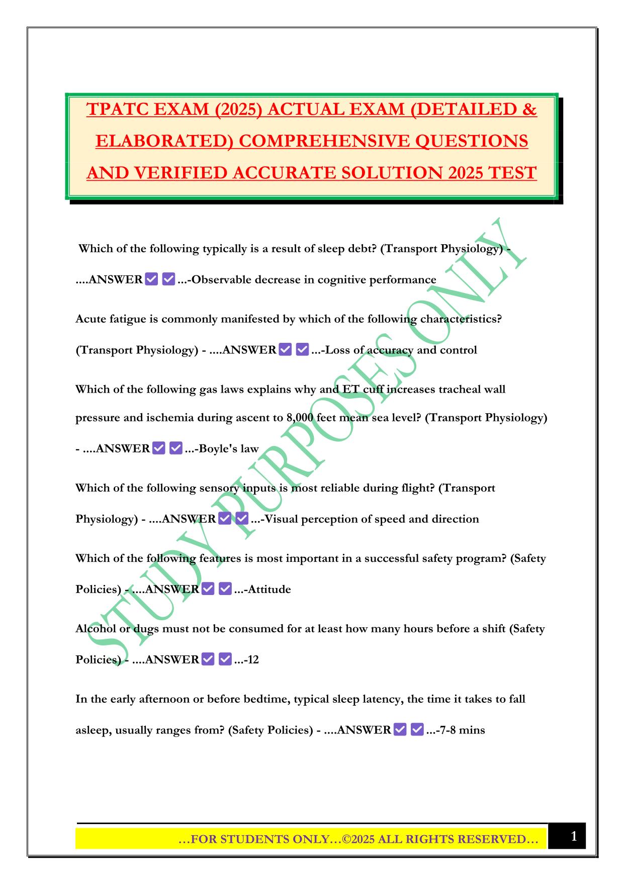 TPATC EXAM (2025) ACTUAL EXAM (DETAILED & ELABORATED) COMPREHENSIVE QUESTIONS AND VERIFIED ACCURATE SOLUTION 2025 TEST