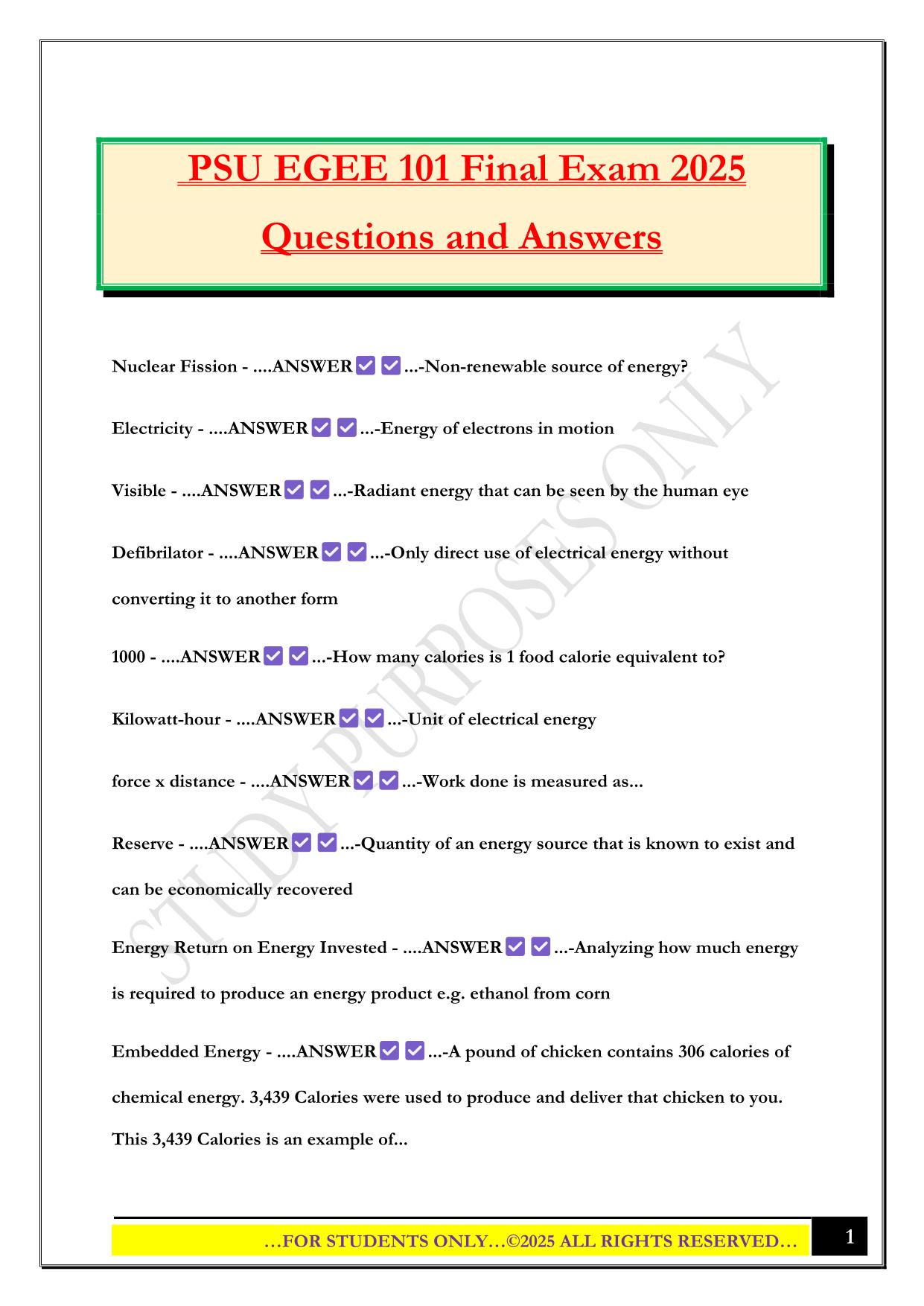 PSU EGEE 101 Final Exam 2025 Questions and Answers