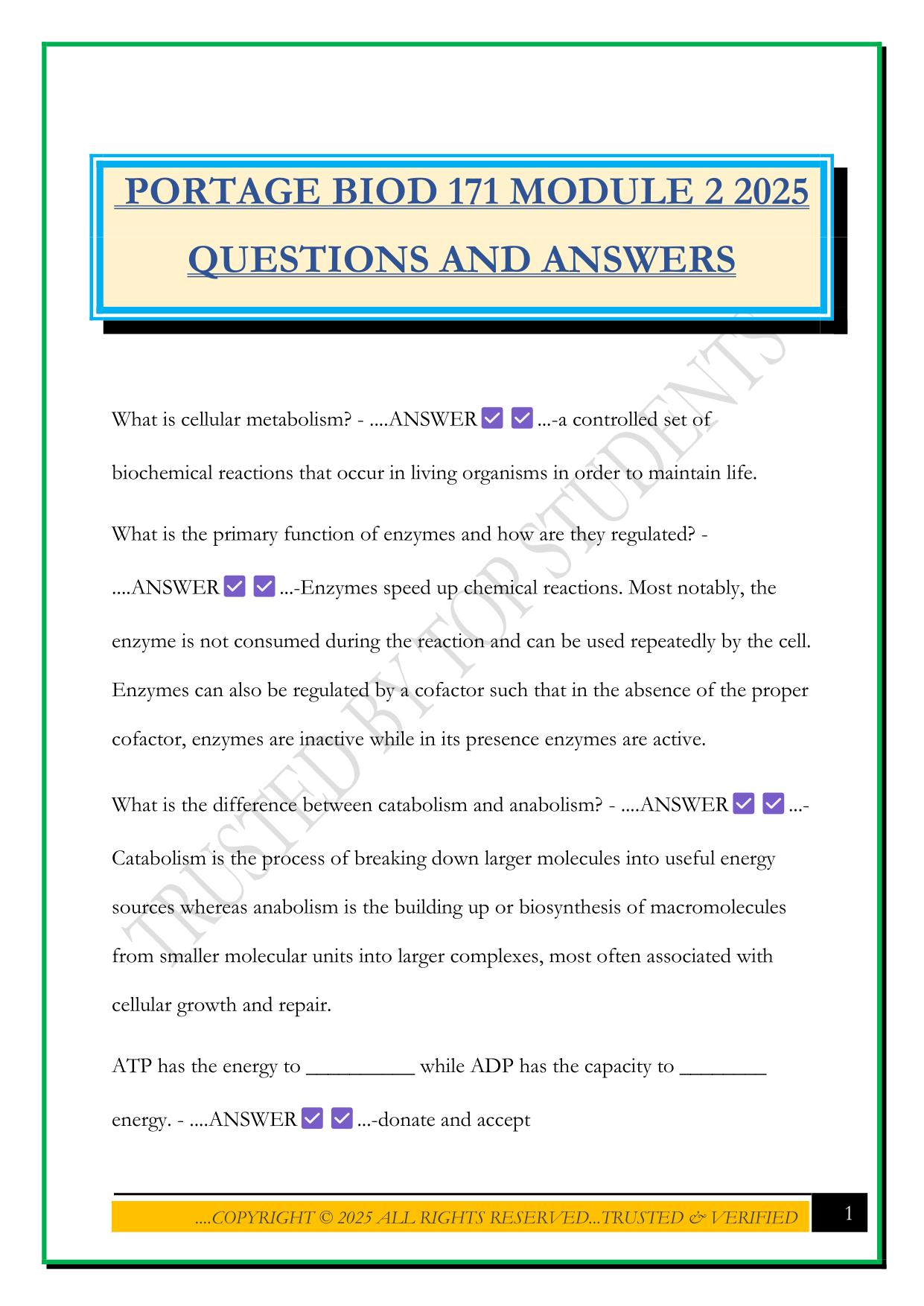 PORTAGE BIOD 171 MODULE 2 2025 QUESTIONS AND ANSWERS