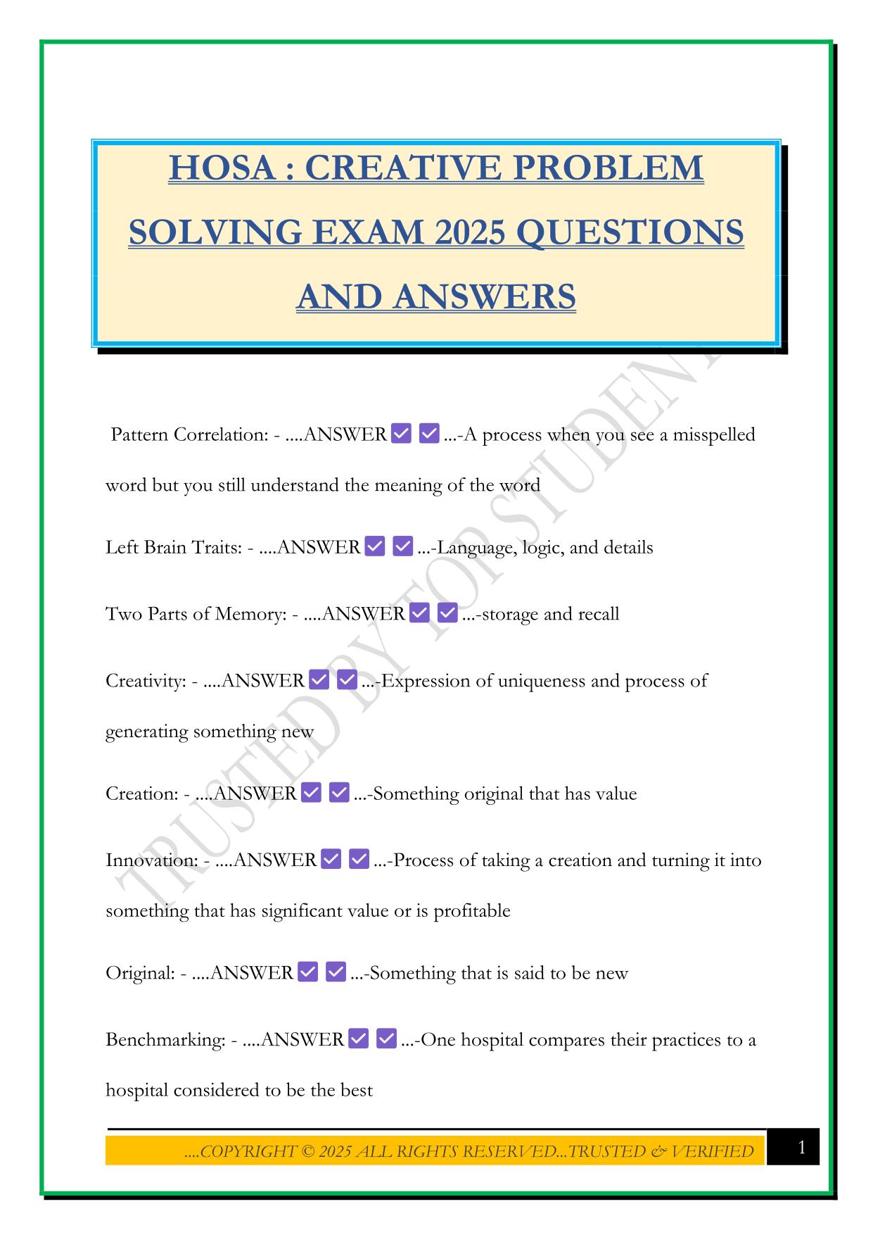 HOSA : CREATIVE PROBLEM SOLVING EXAM 2025 QUESTIONS AND ANSWERS