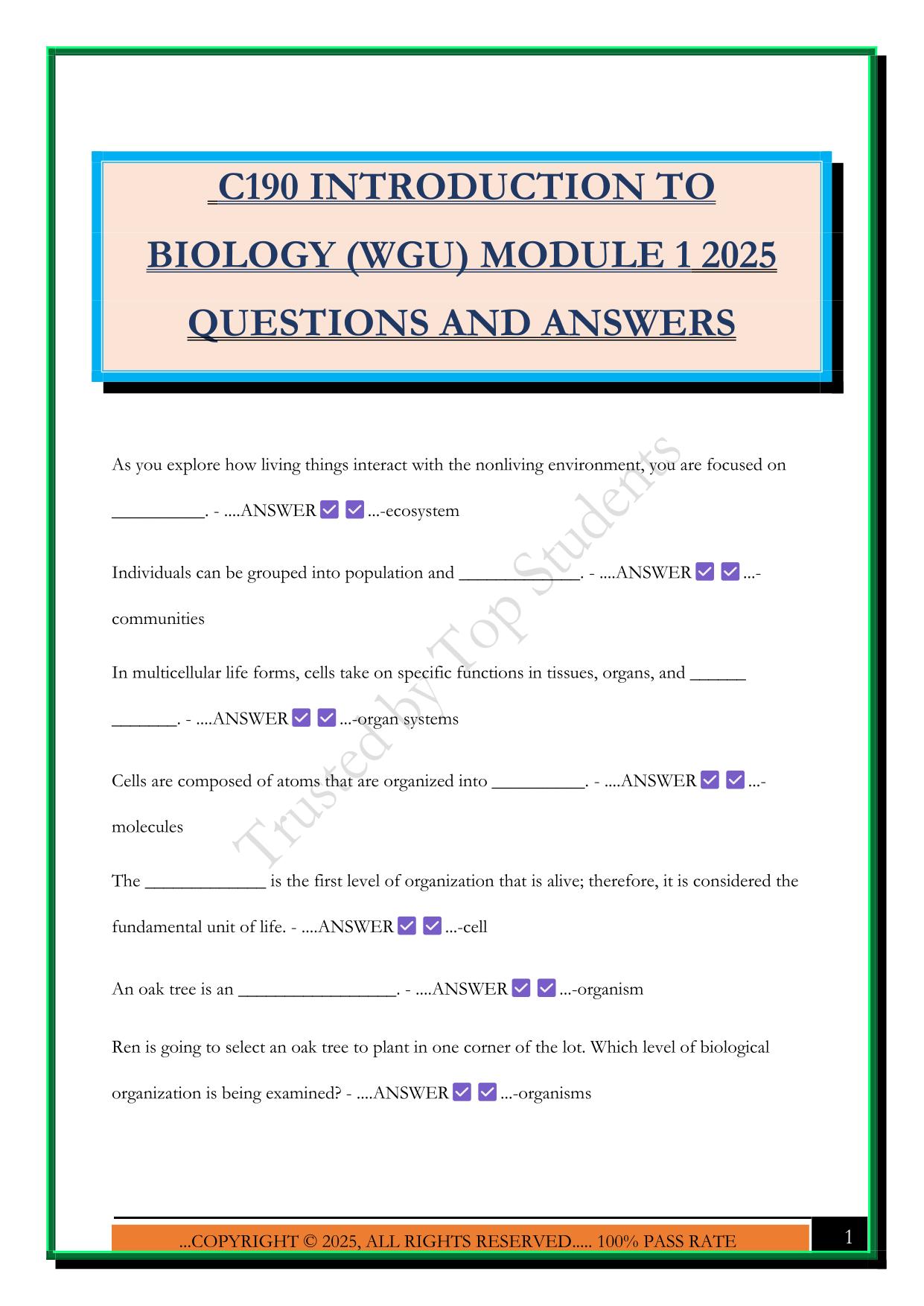C190 INTRODUCTION TO BIOLOGY (WGU) MODULE 1 2025 QUESTIONS AND ANSWERS