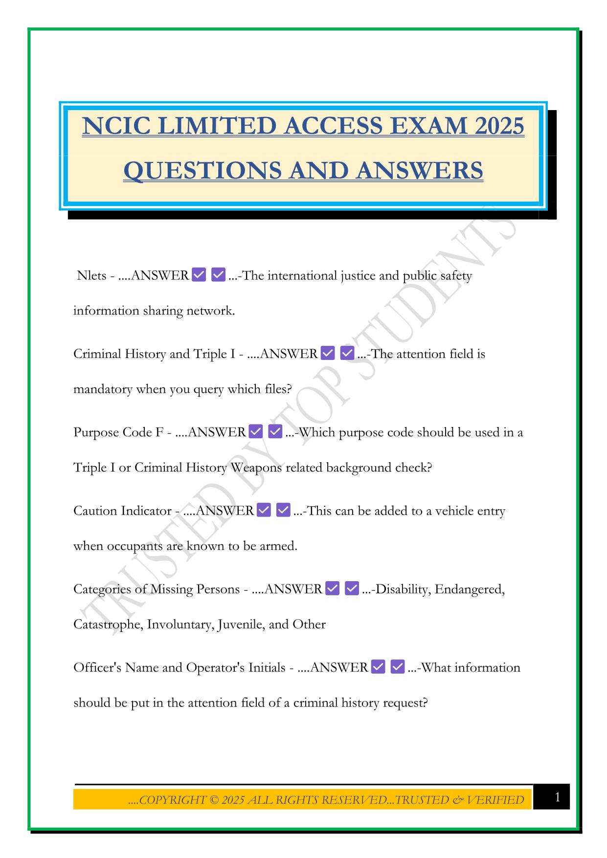 NCIC LIMITED ACCESS EXAM 2025 QUESTIONS AND ANSWERS